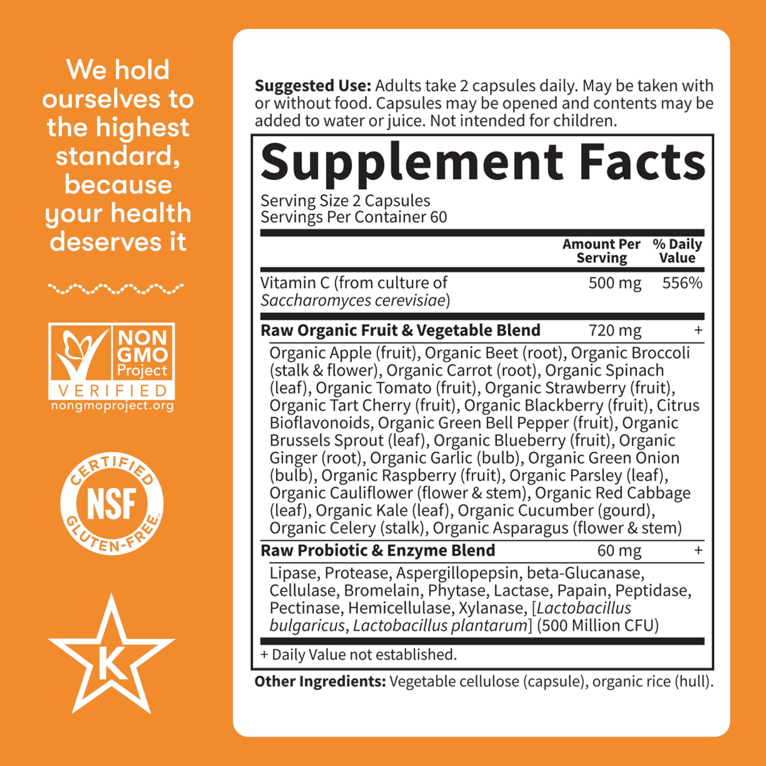 Garden of Life vitamine C avec 23 fruits bio, antioxydants et cofacteurs naturels.