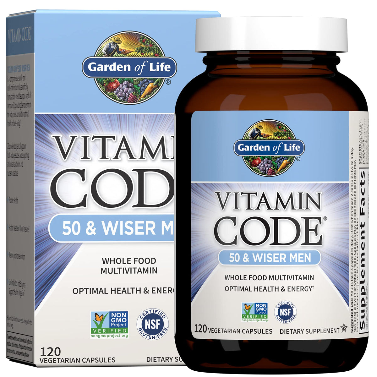 Garden of Life Vitamine Code 50 et Wiser pour homme, bouteille, soutien potentiel énergie