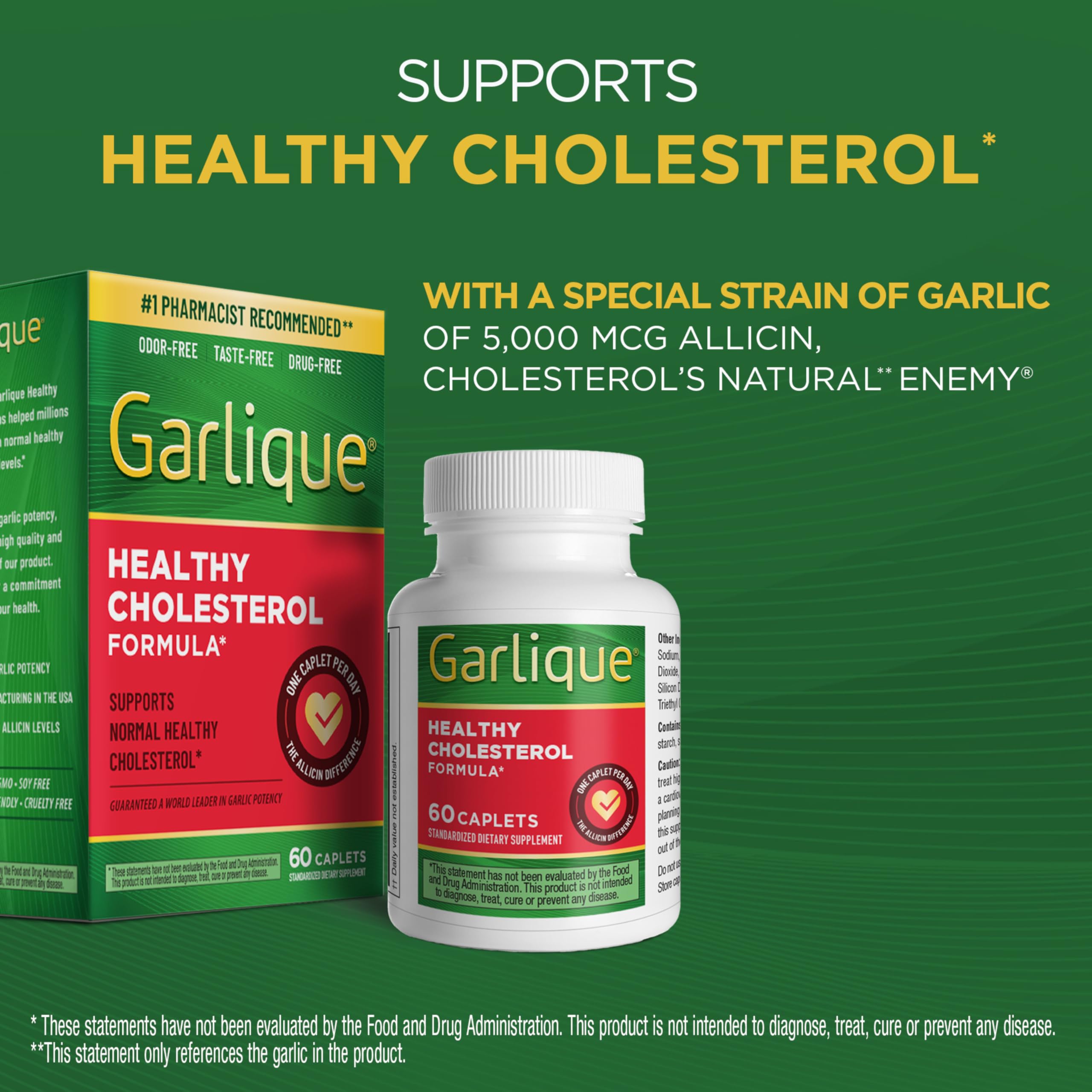 Caplets Garlique soutiennent potentiellement la santé cardiovasculaire et un cholestérol normal.