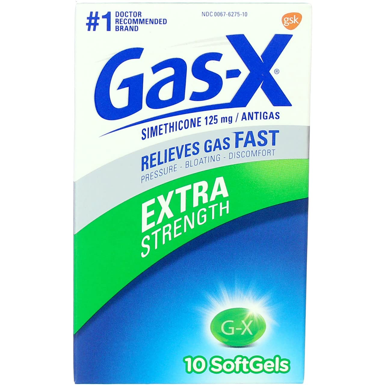 Étiquette Gas-X et emballage Novartis, informations claires sur le produit.