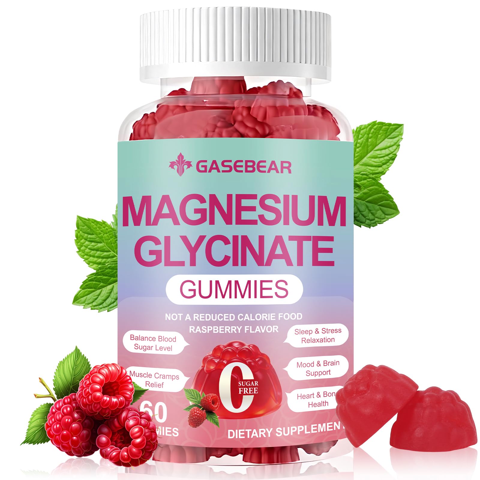 GASEBEAR Gommes Magnésium Glycinate en bouteille, goût framboise, soutien détente quotidienne.