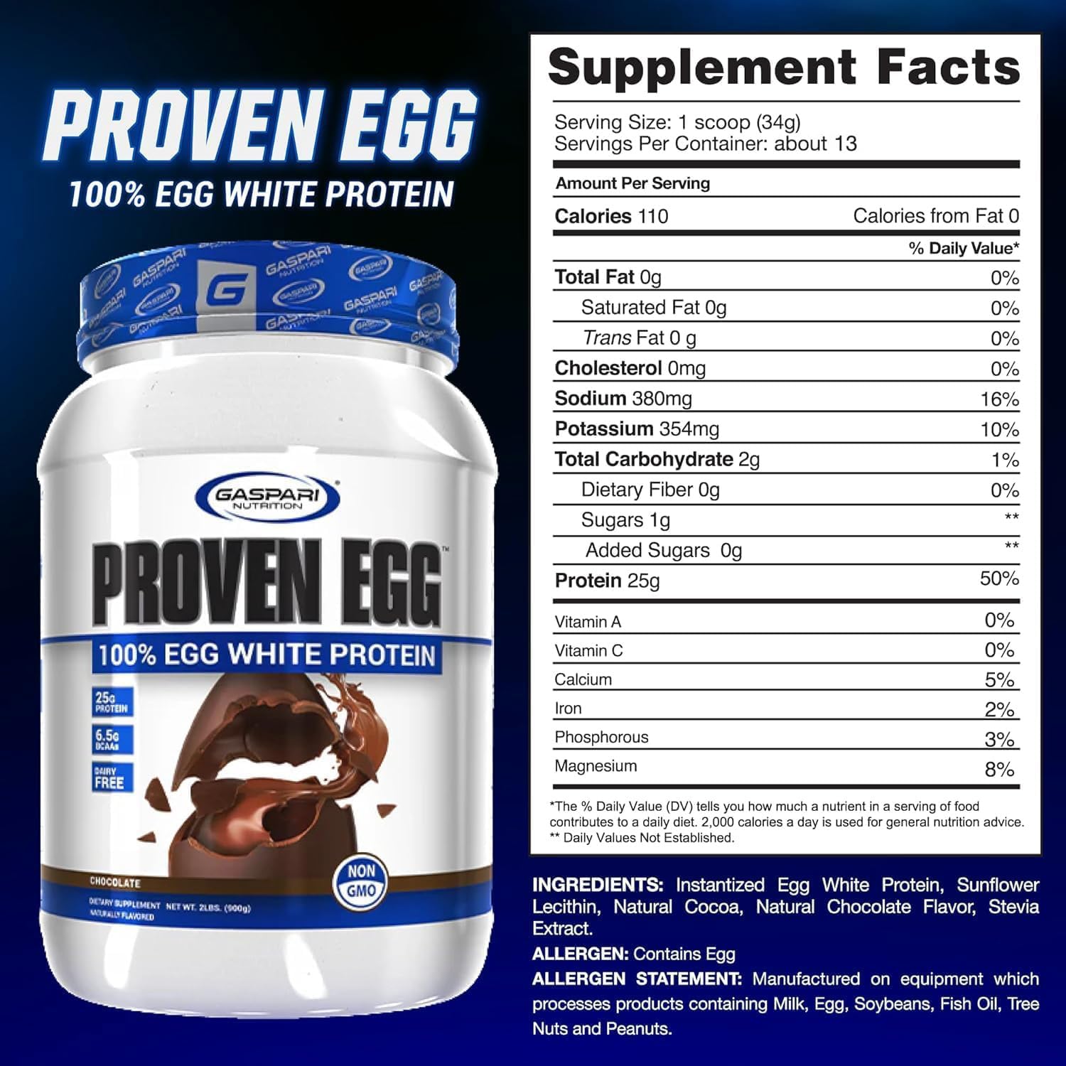 Gaspari Proven Egg poudre doseuse chocolat dose precise pour shake post-entraînement.