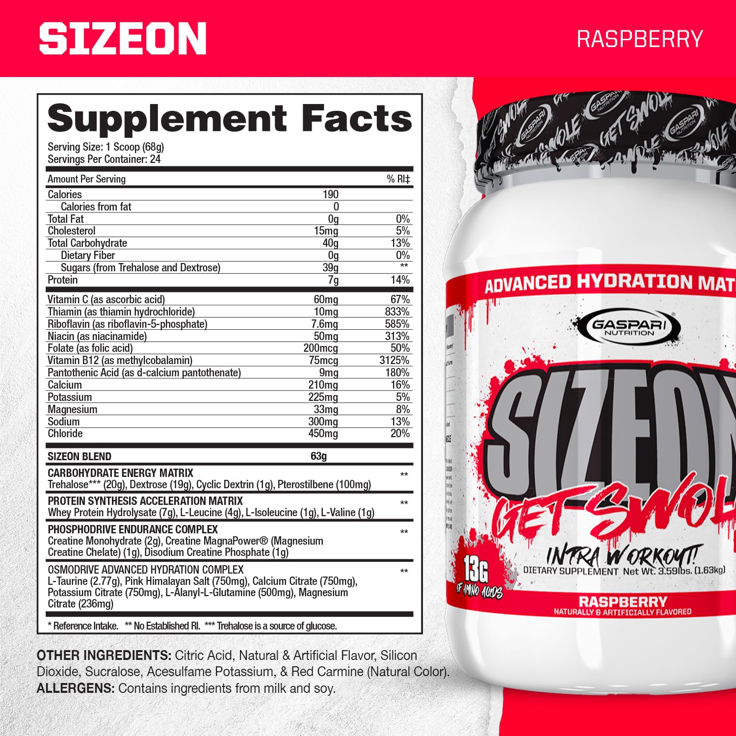 Gaspari SizeOn poudre framboise, favorise le volume musculaire pendant l effort.