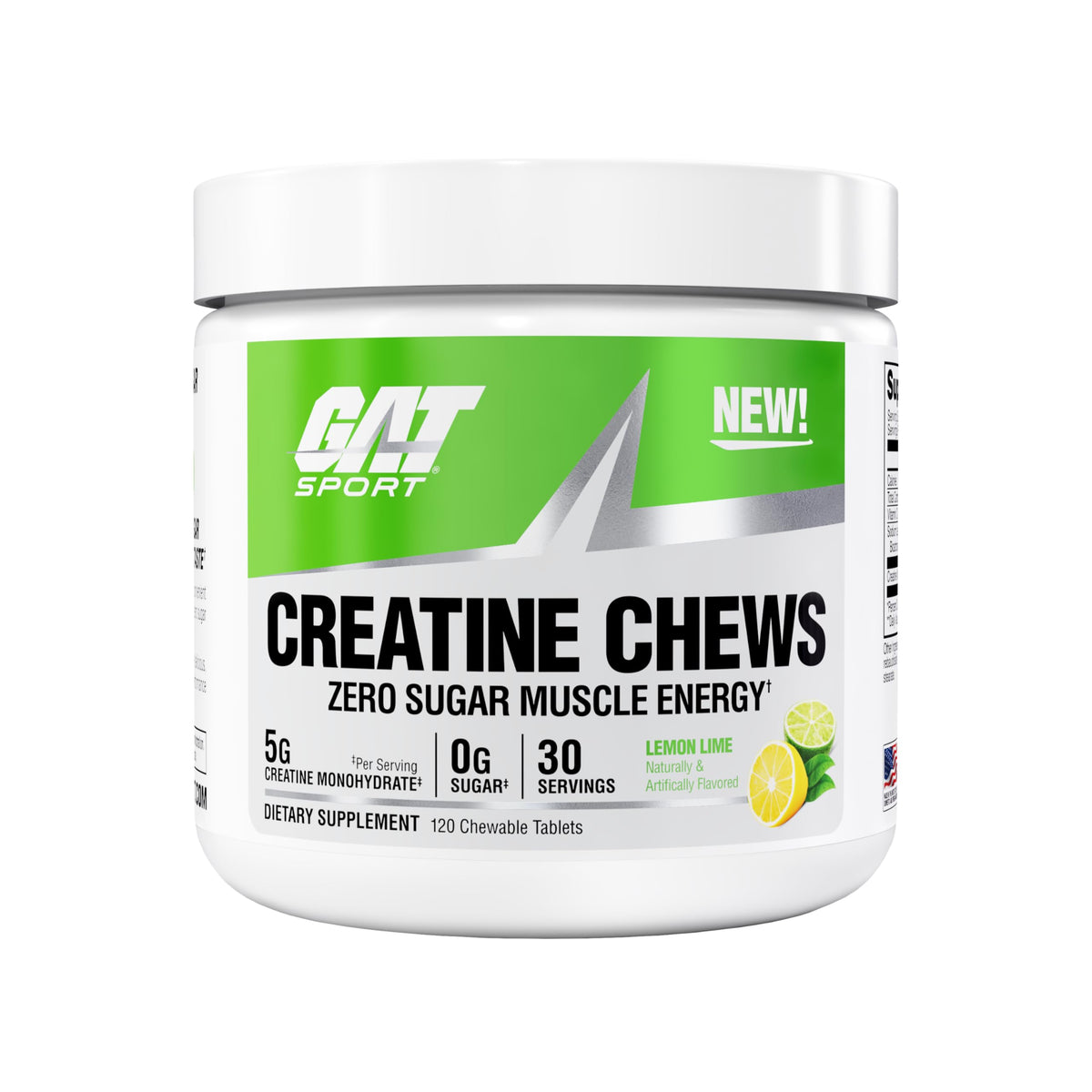 GAT SPORT Creatine Chews dans une boîte de 30 portions au citron-lime pour l’entraînement.