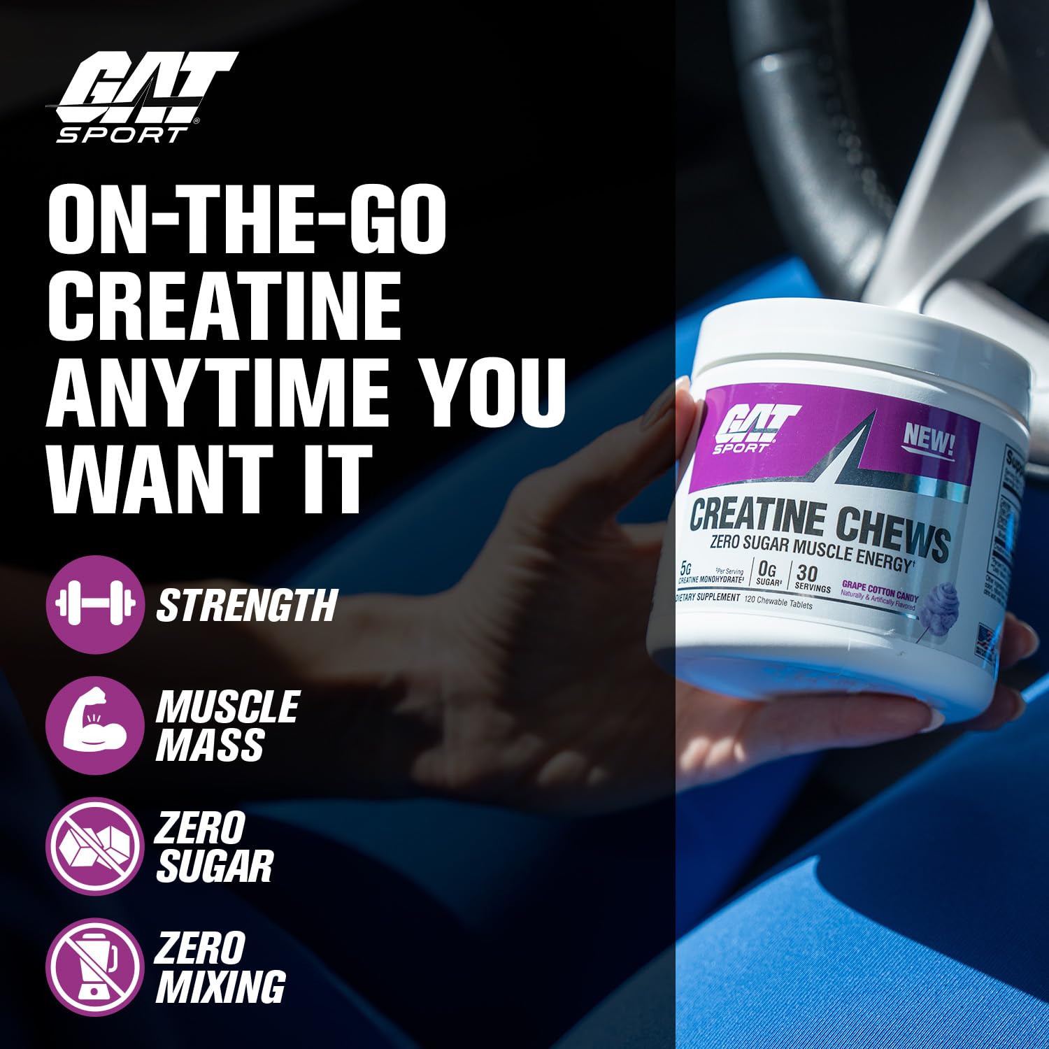 GAT SPORT Creatine Chews sans sucre, solution pratique et légère.