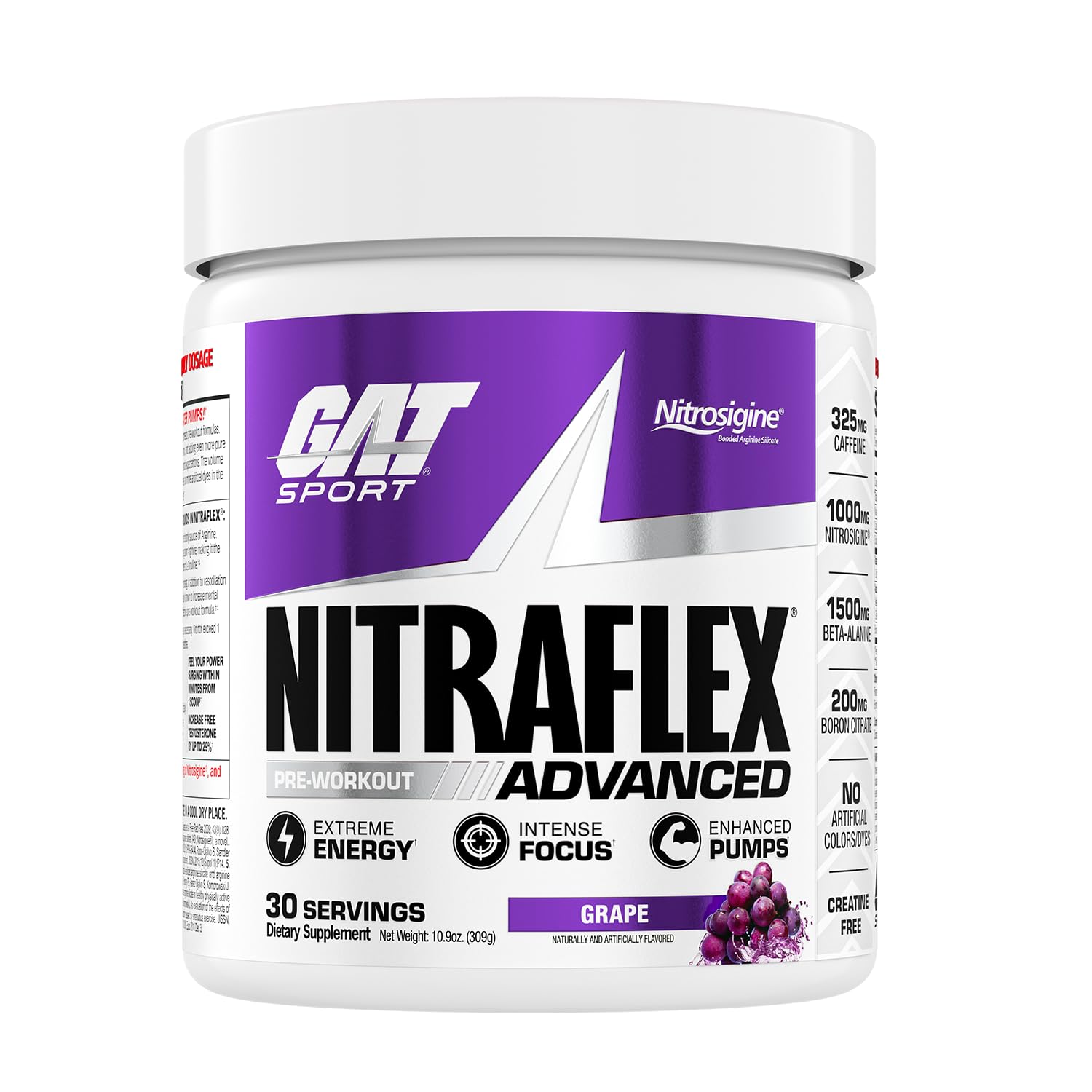 GAT SPORT Nitraflex bouteille raisin, énergie soutenue pendant l'entraînement.