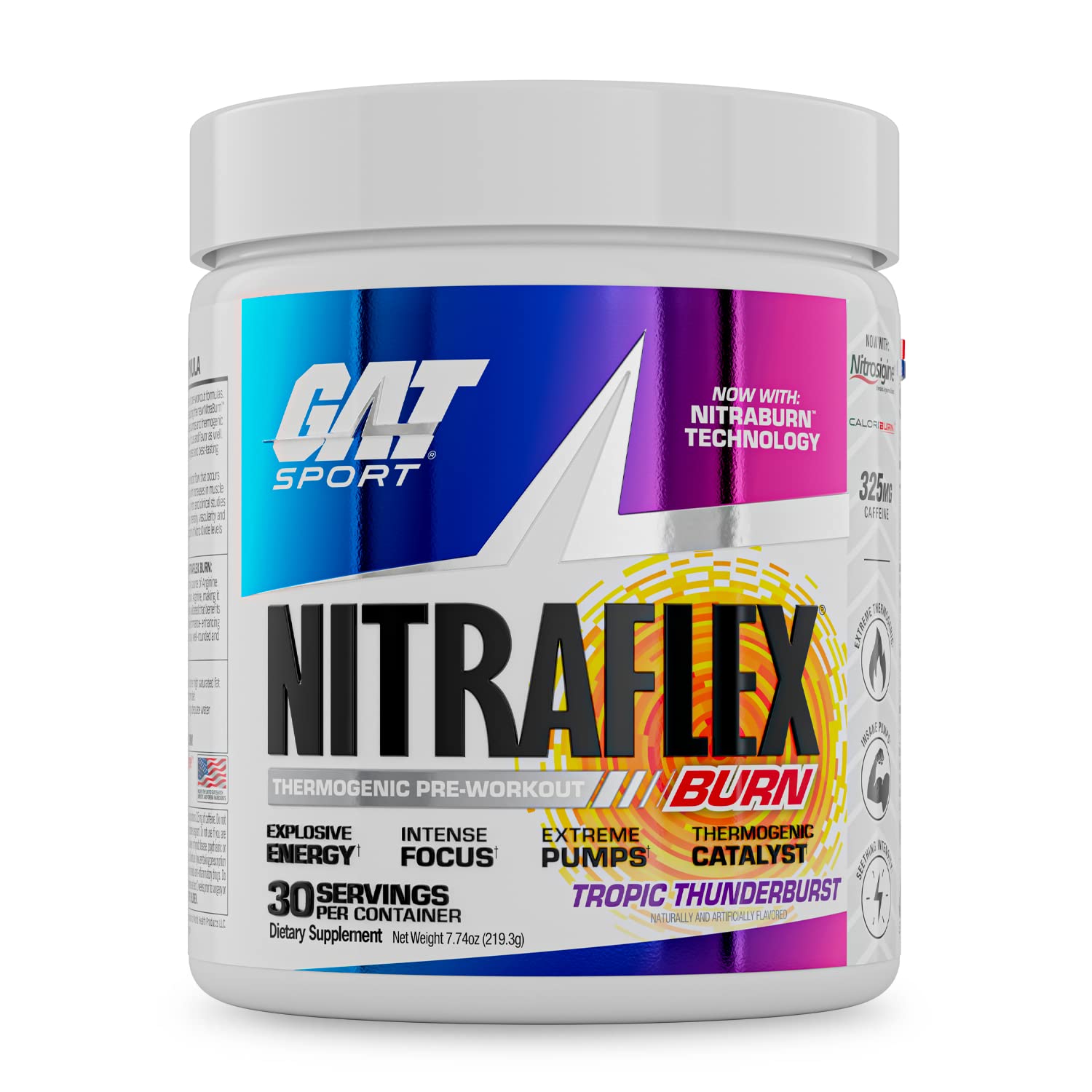 Nitraflex Burn emballage GAT SPORT montrant Tropic Thunderburst, prêt pour l entraînement intensif