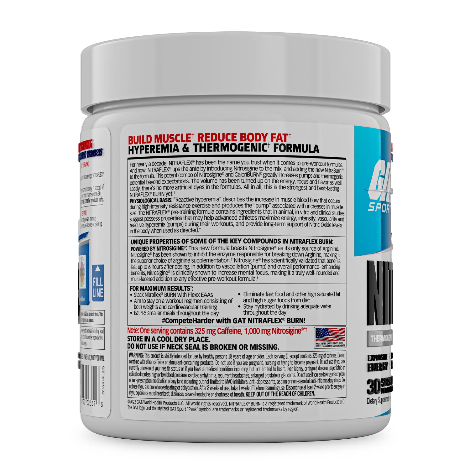 GAT SPORT NITRAFLEX BURN etiquette-produit: informations claires sur le produit.