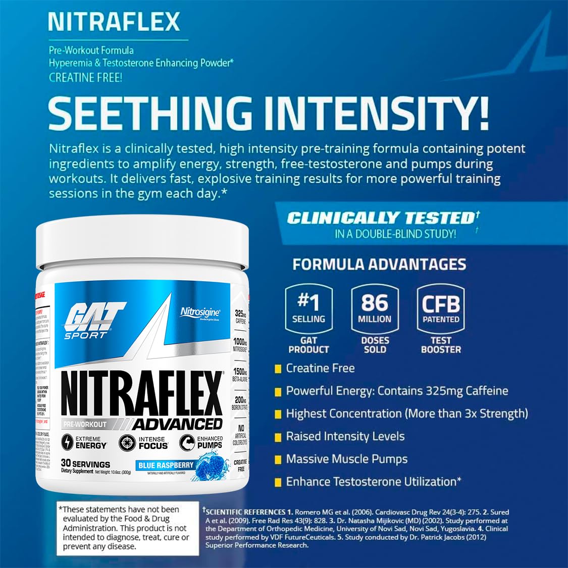 Emballage Nitraflex GAT SPORT, étiquette et info produit claires pour la routine sportive.