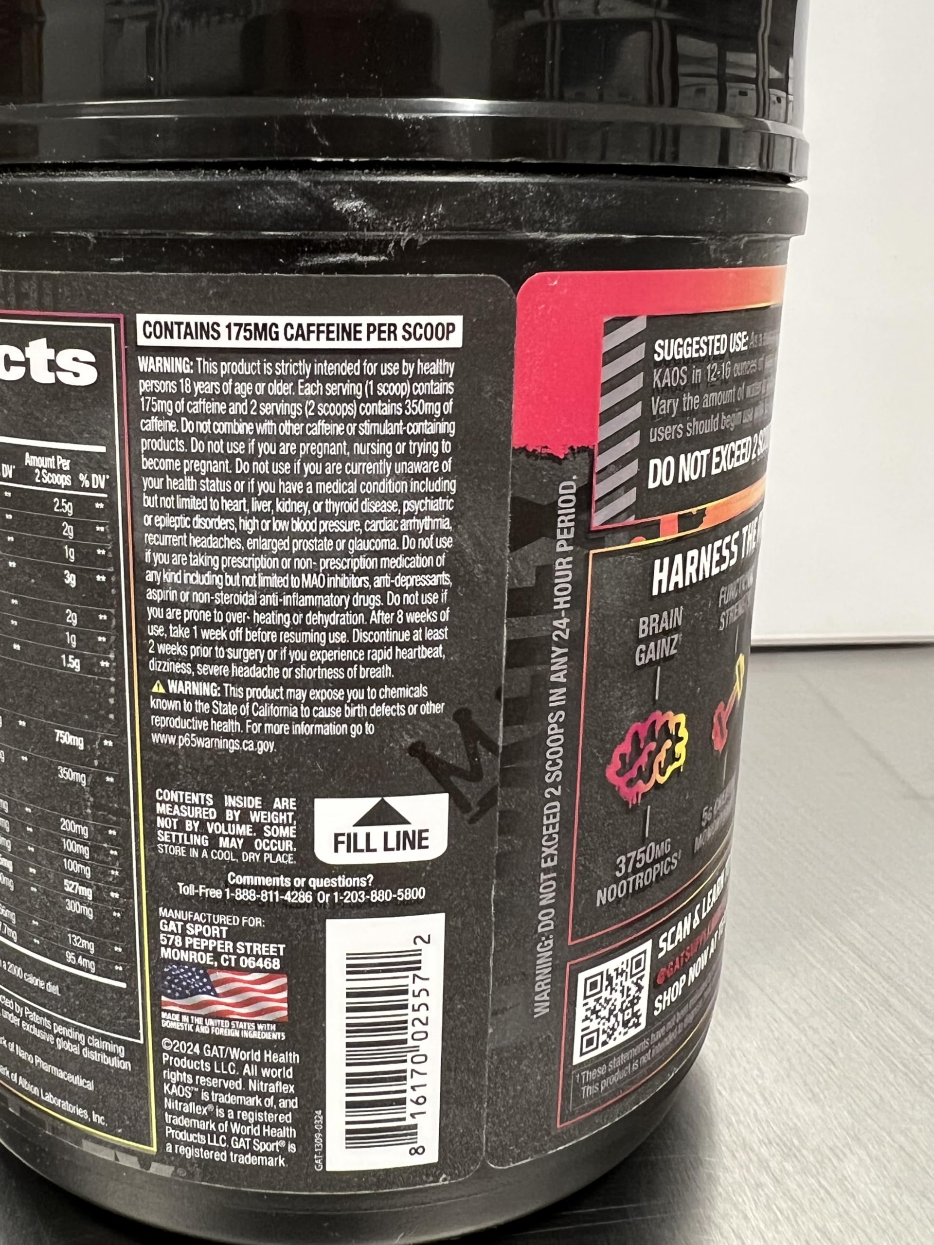 GAT SPORT Nitraflex Kaos: etiquette-ingrédients claire et transparente.