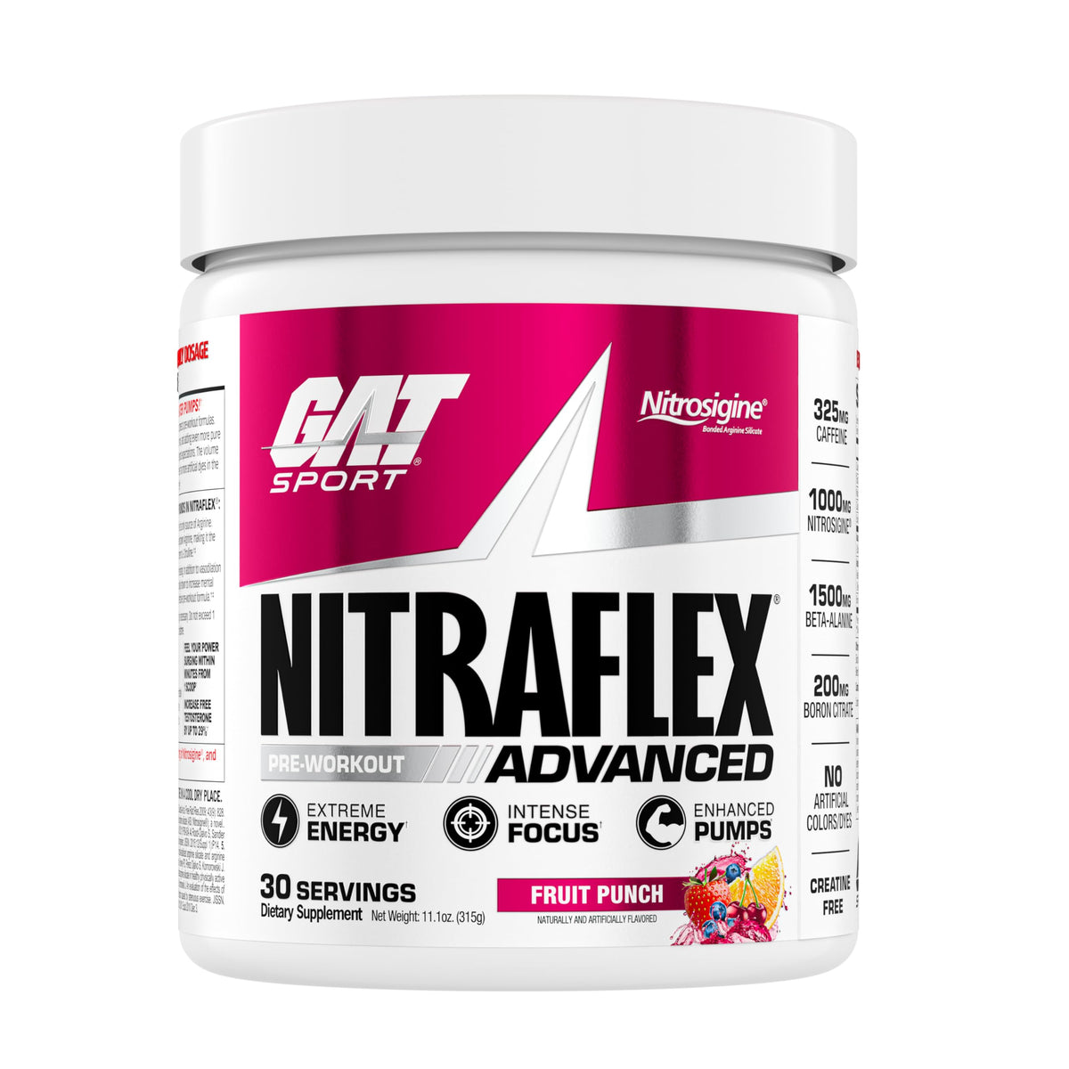 GAT SPORT Nitraflex en bouteille, poudre pré-entraînement pour énergie soutenue et concentration.