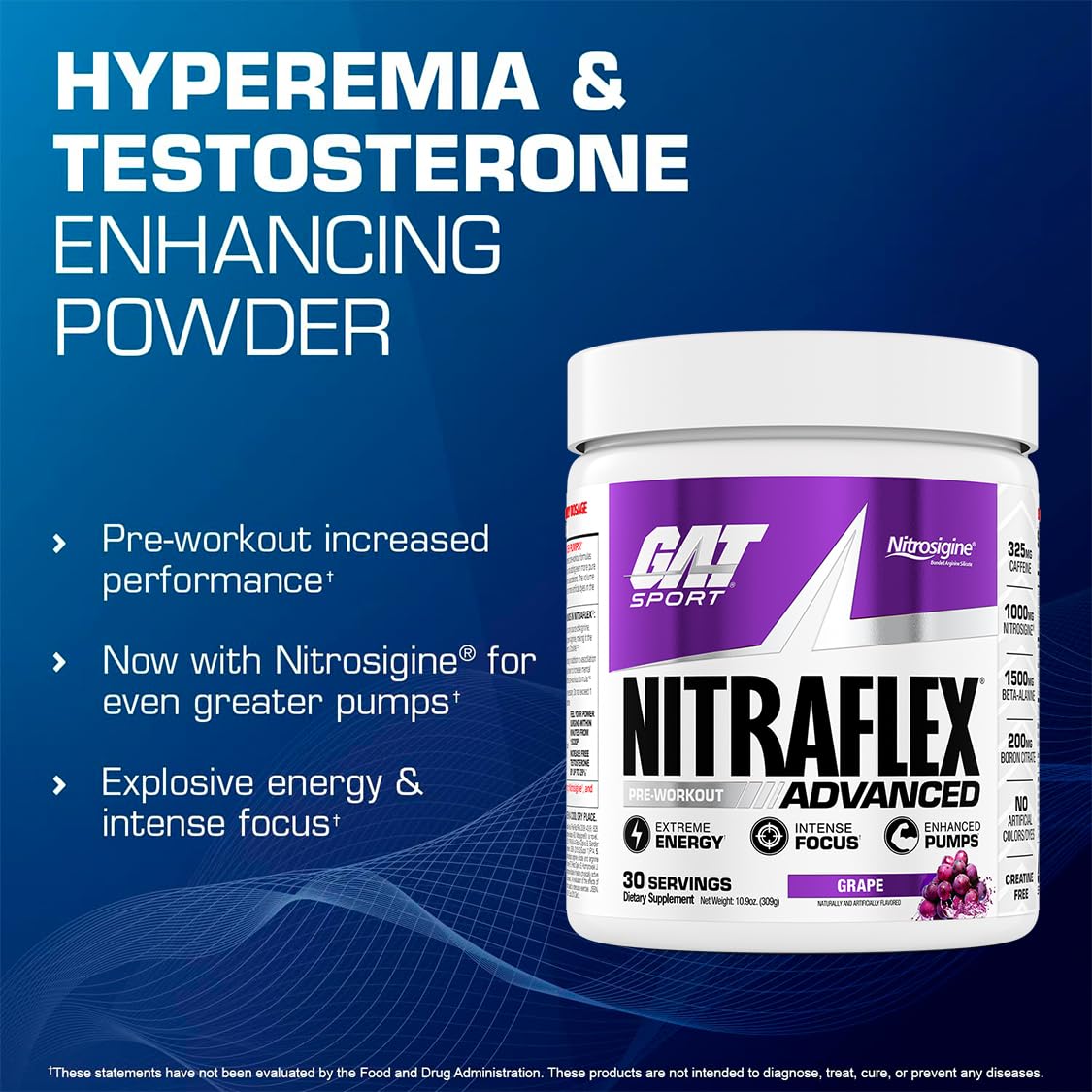 GAT SPORT Nitraflex poudre raisin, formulation pré-entraînement pour l'effort.