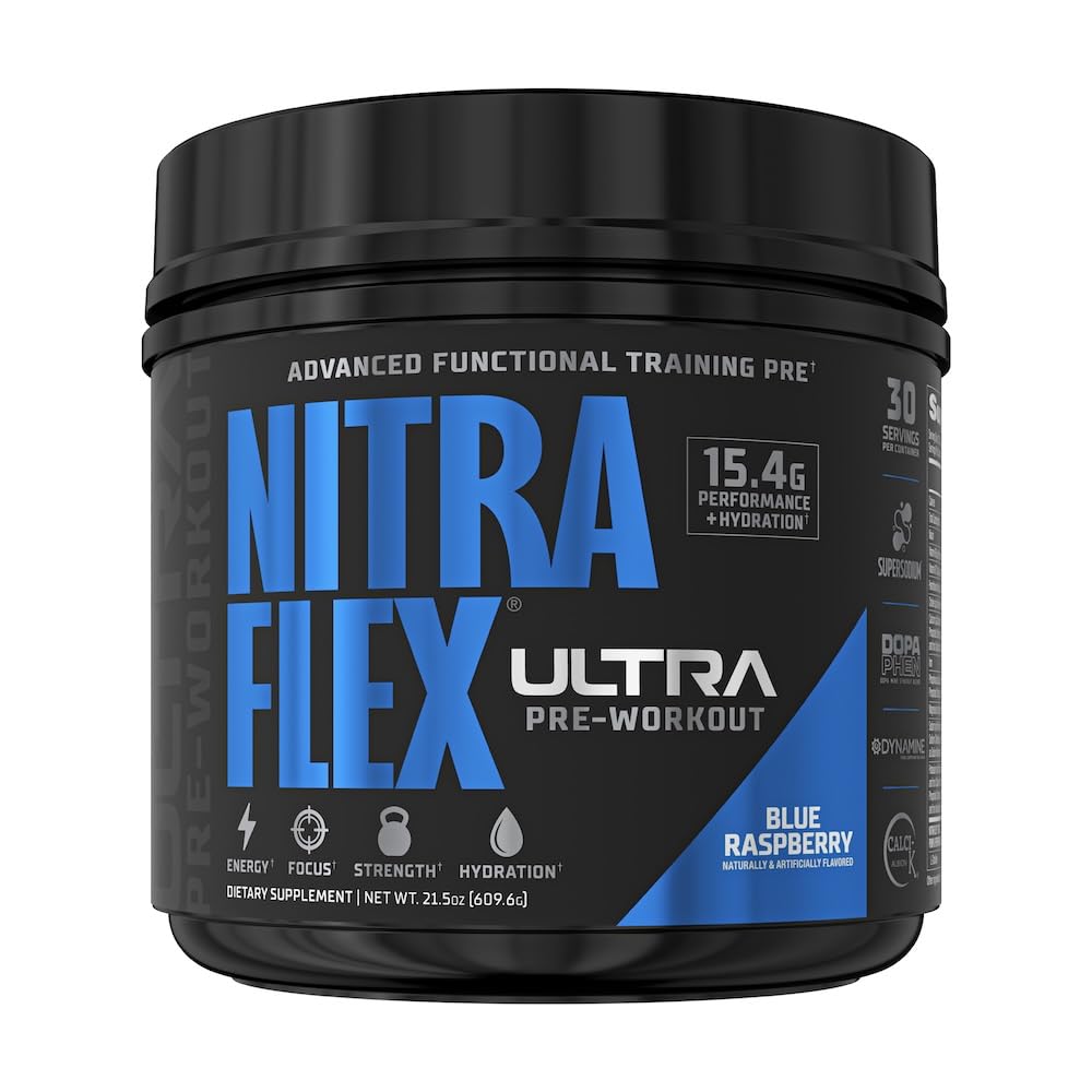 GAT SPORT Nitraflex Ultra, bouteille bleue prête à booster l'énergie pendant l'entraînement.