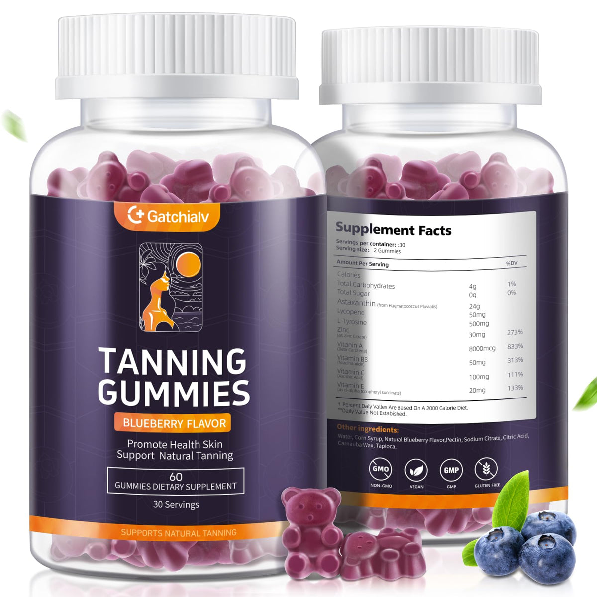 Gatchialv Gummies boîte: emballage élégant pour le complément bronzant sans soleil.