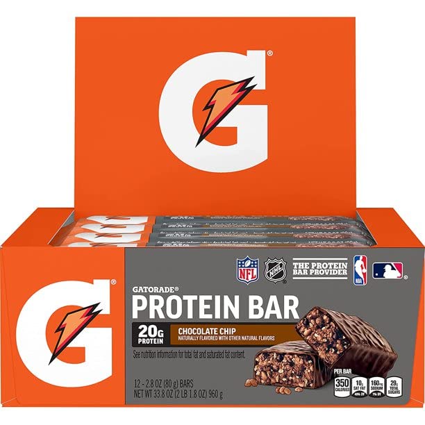 Gatorade barre protéinée, texture riche et morceaux chocolat, récupération musculaire après l'effort.