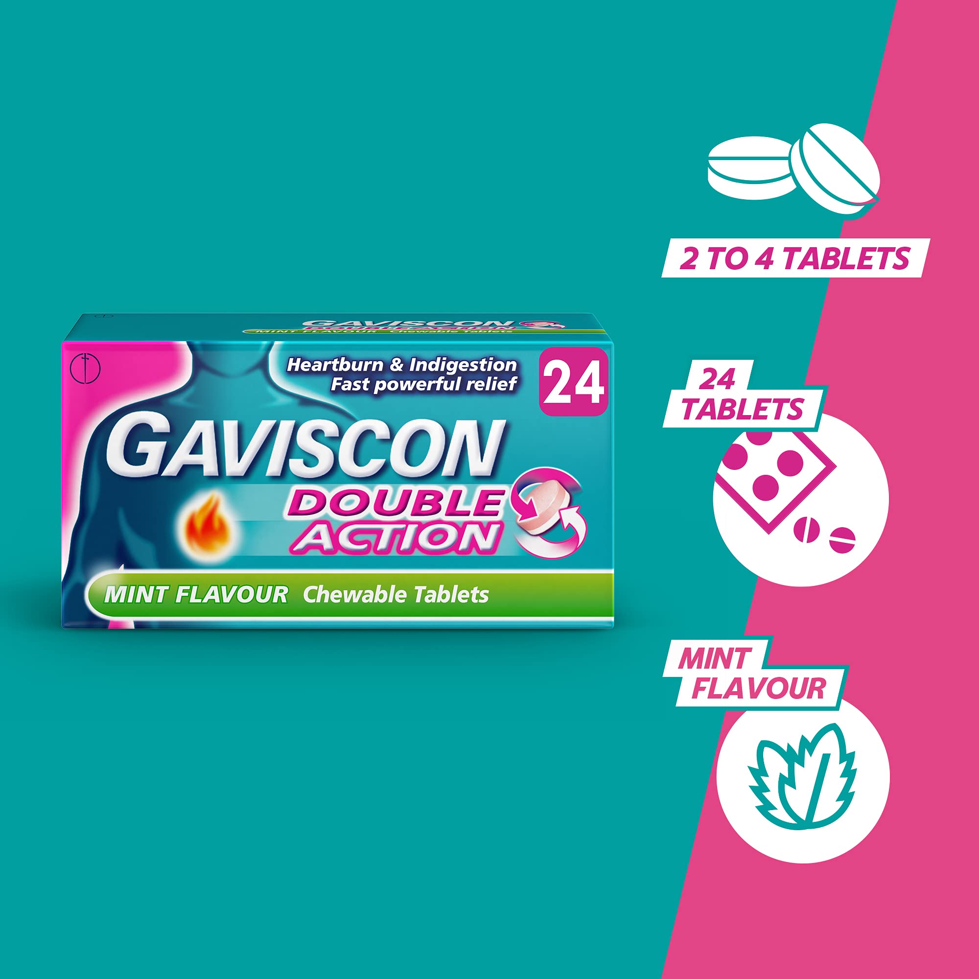 Étiquette Gaviscon Double Action Menthe sur l’emballage, sans sucre et sans gluten.