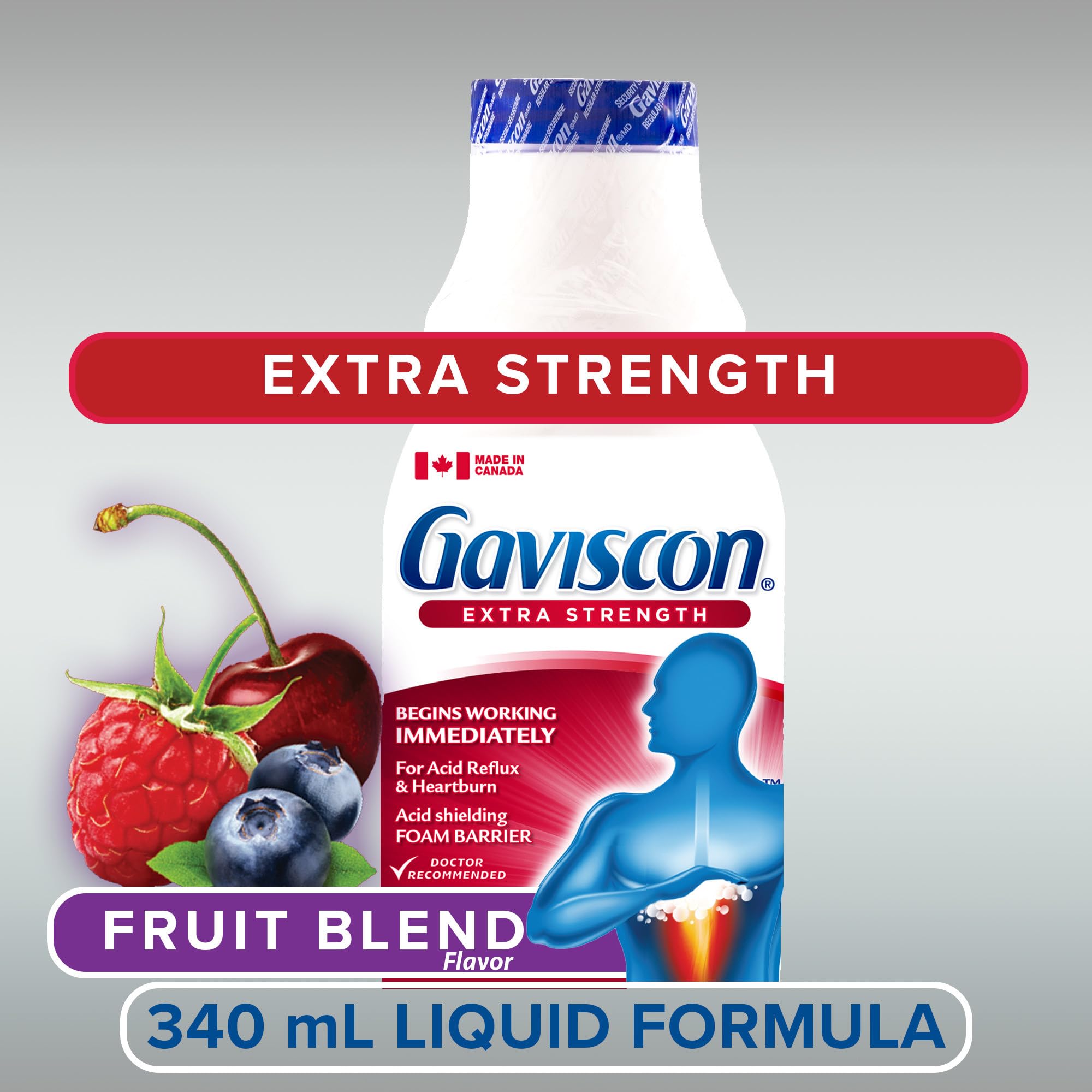 Gaviscon étiquette fruit 340ml indique l'emballage pratique.