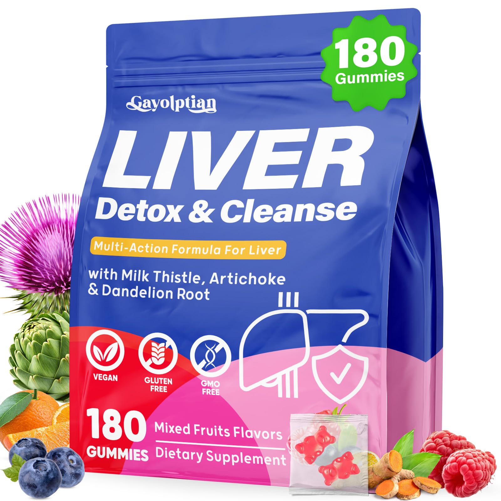 Gummies Détox Foie Gayolptian en bouteille, soutien potentiel au foie et énergie quotidienne.