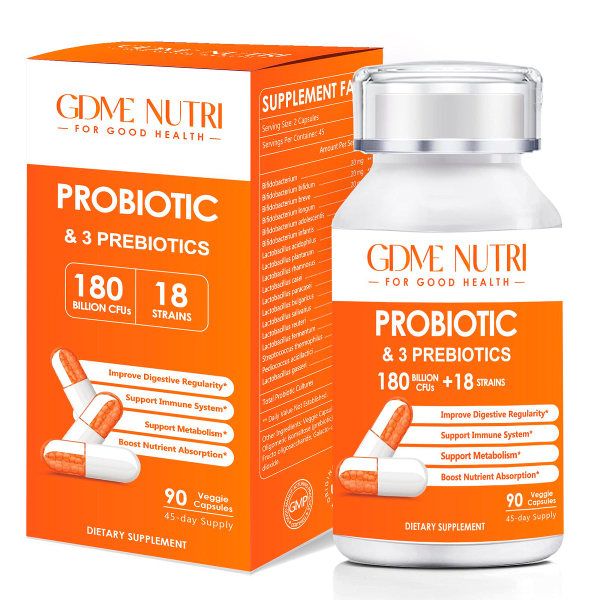 GDMENUTRI Probiotiques, bouteille visible, soutien potentiel à la digestion quotidienne.