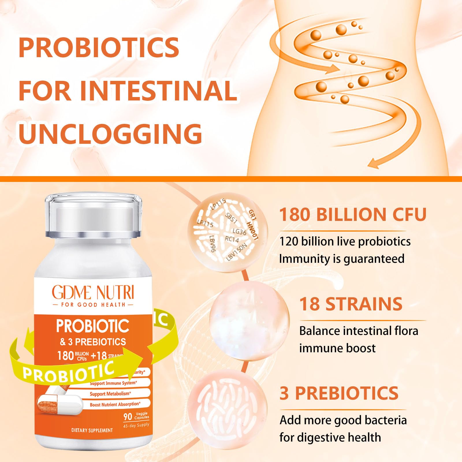 GDMENUTRI Probiotiques, libération retardée atteignant l'intestin pour efficacité potentielle.