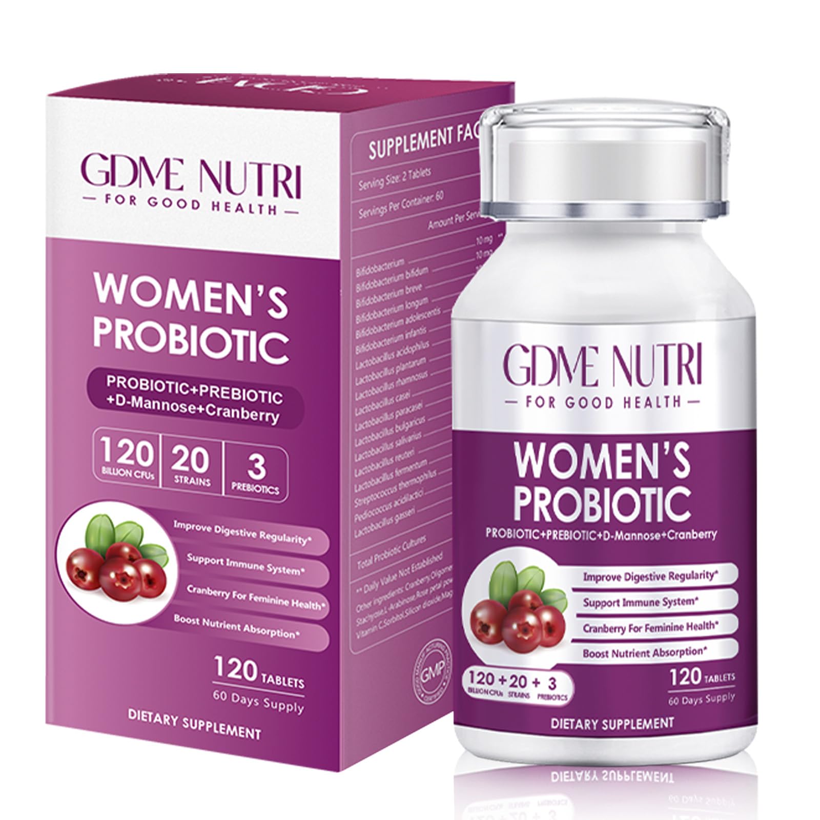 GDMENUTRI Probiotiques Femmes — bouteille visible, soutien digestif potentiel.