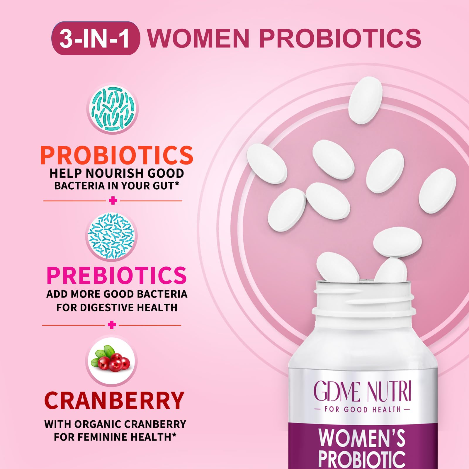 GDMENUTRI Probiotiques Femmes — emballage portable et pratique en déplacement.
