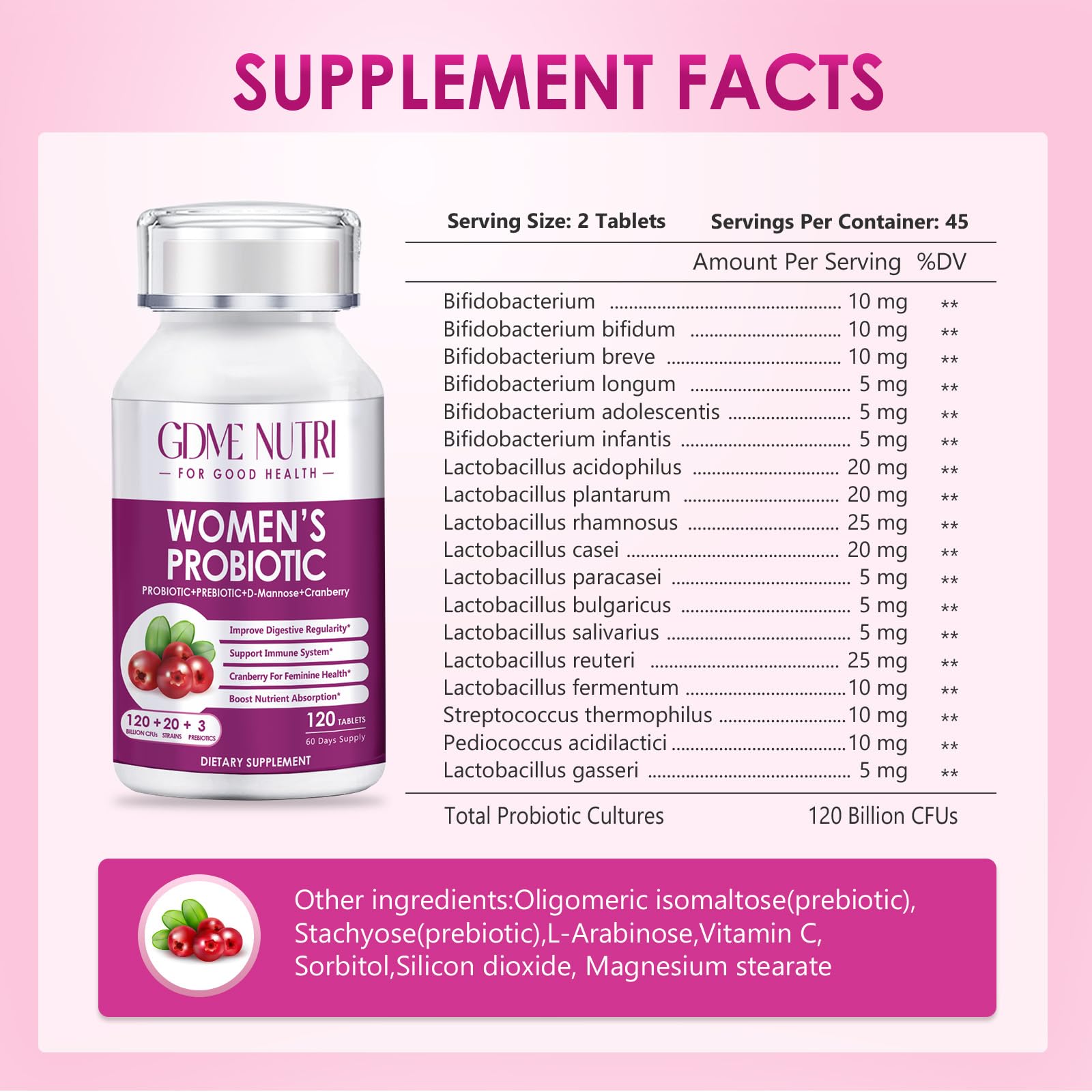 GDMENUTRI Probiotiques Femmes — tablettes visibles, équilibre intestinal potentiel.