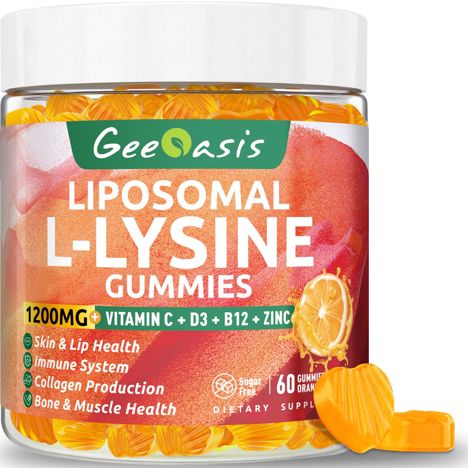 Geeoasis liposomal L-lysine Gummies dans bouteille, soutien potentiel immunitaire et équilibre de la peau.