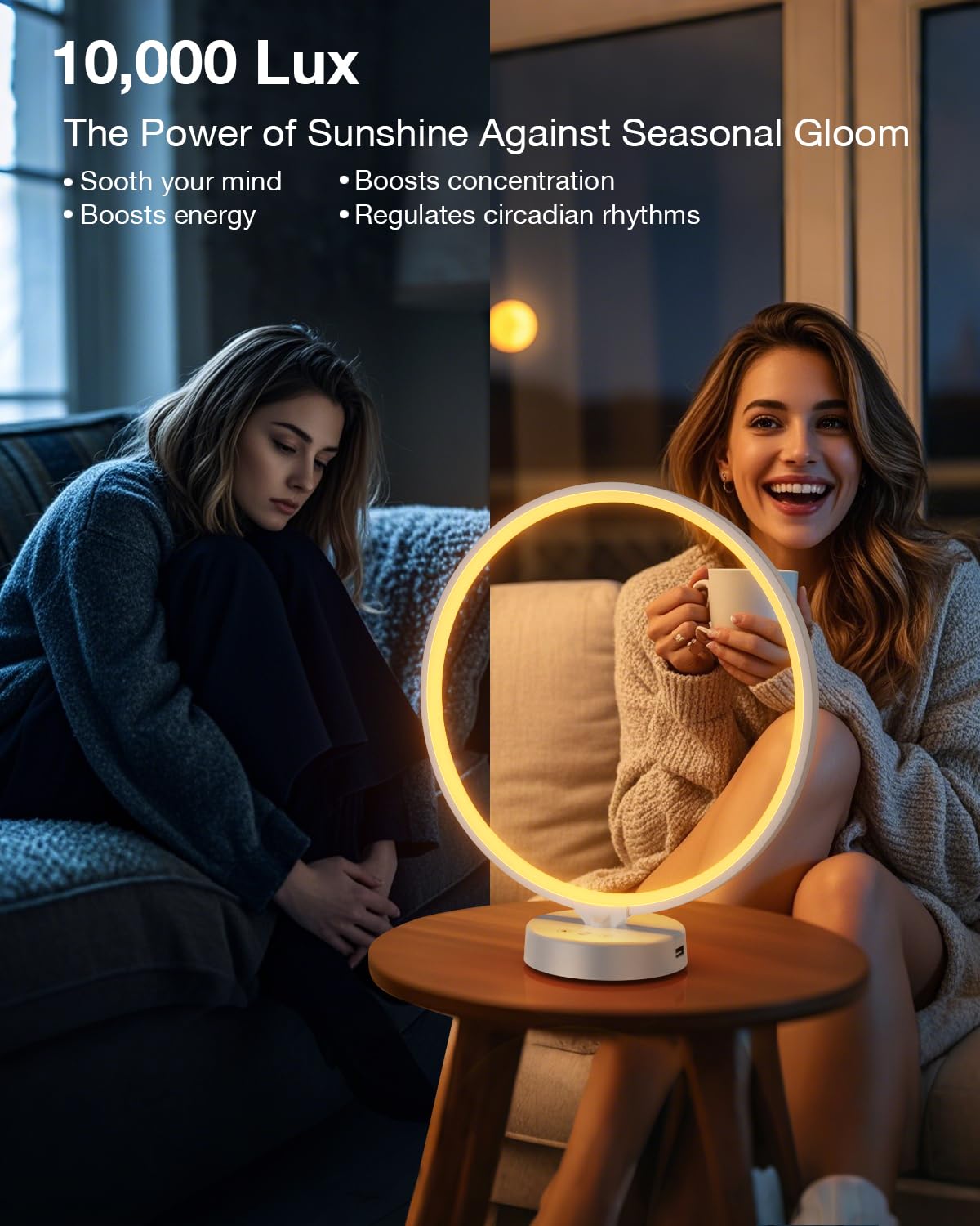 Geecent lampe luminothérapie 2700K, ambiance matinale chaleureuse idéale pour le petit-déjeuner.