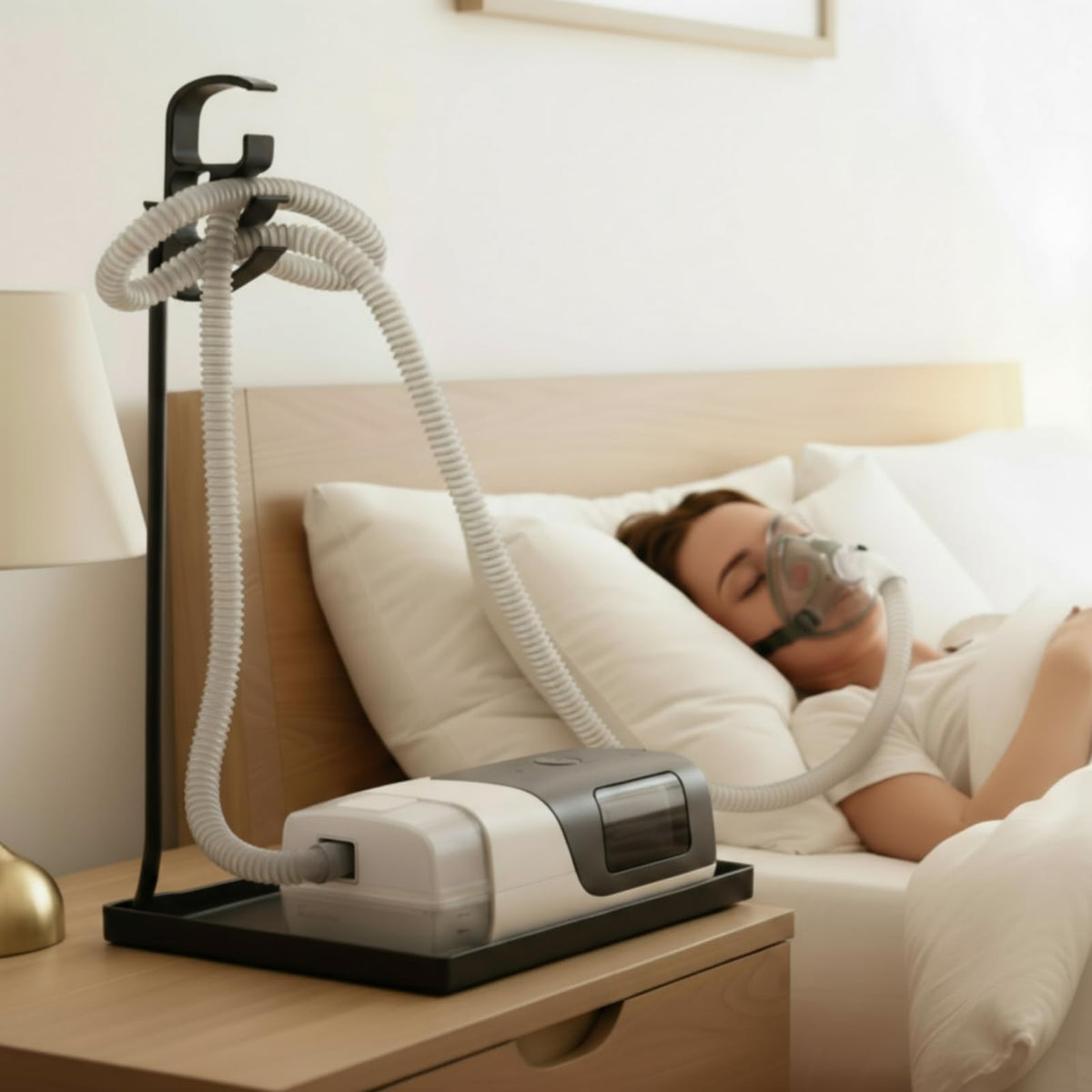 Geiserailie: support tuyau CPAP rotatif pour eviter l'enchevetrement du tuyau