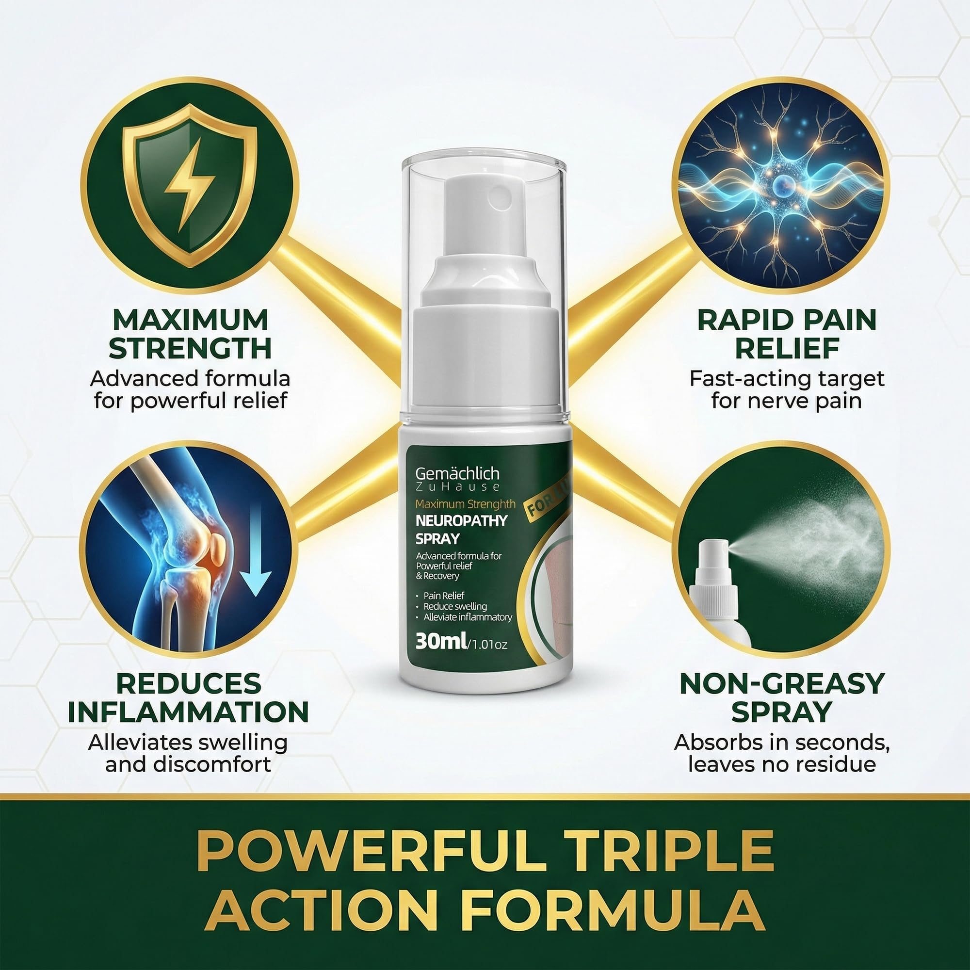 Gemächlich Zu Hause spray sciatiques, action ciblée pour les douleurs nerveuses.