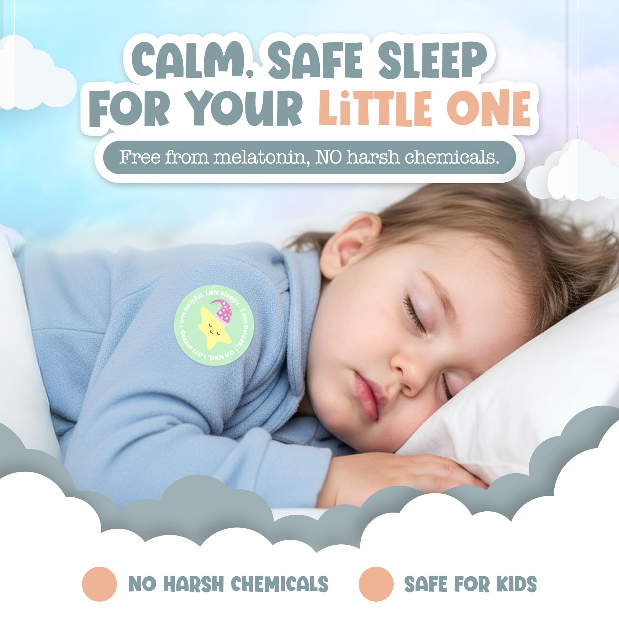 Patch sticky porté sur le vêtement de l’enfant pour calme nocturne.
