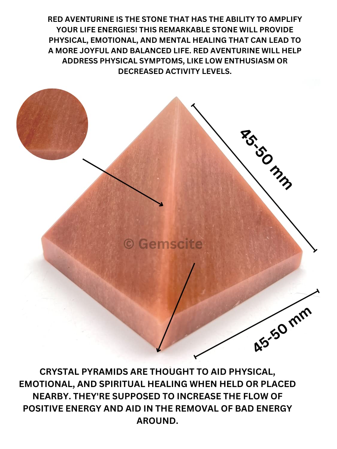 GEMSCITE aventurine rouge, pyramide et pratique Reiki, soutien à l’harmonie.