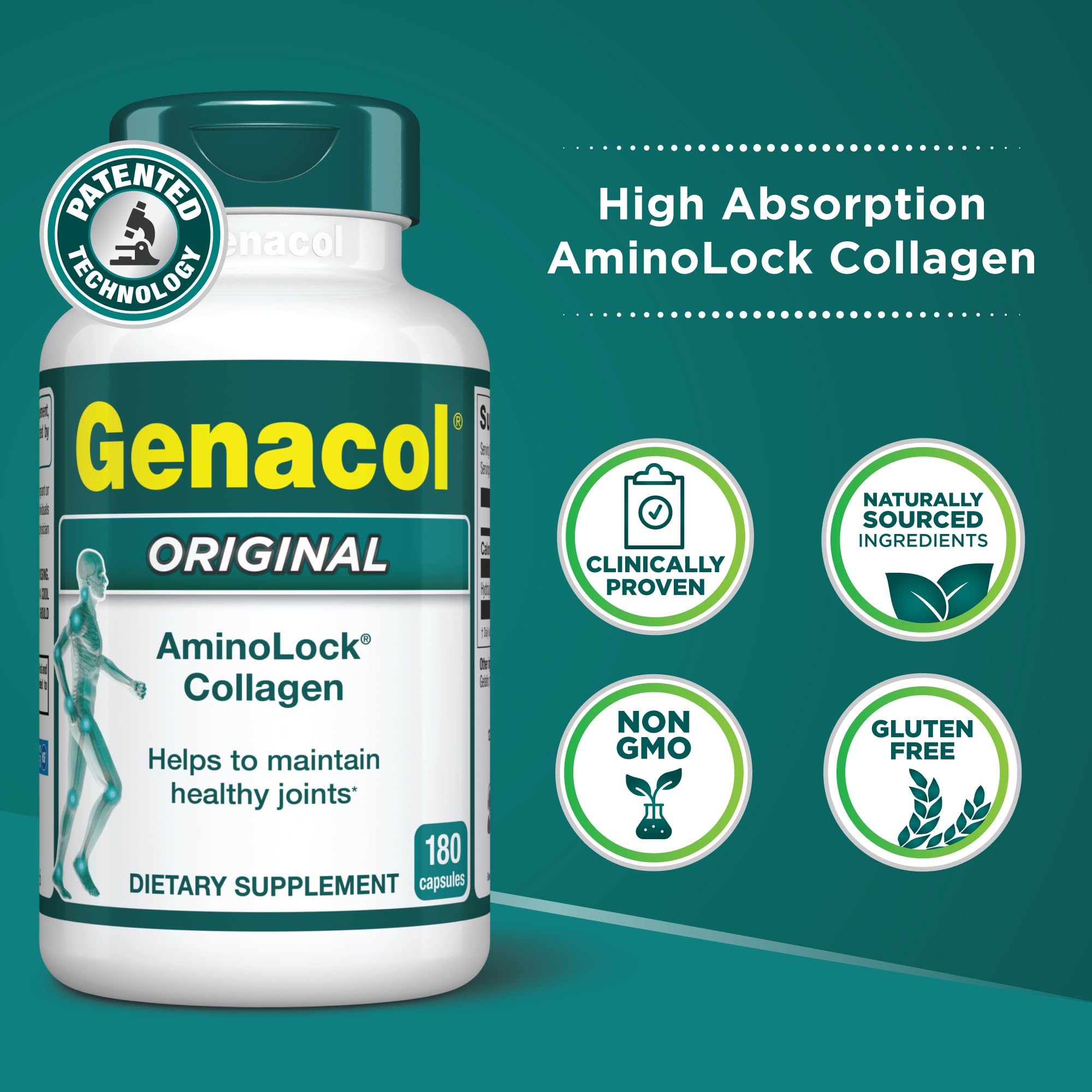 Genacol Original – focus AminoLock montrant absorption améliorée potentielle.