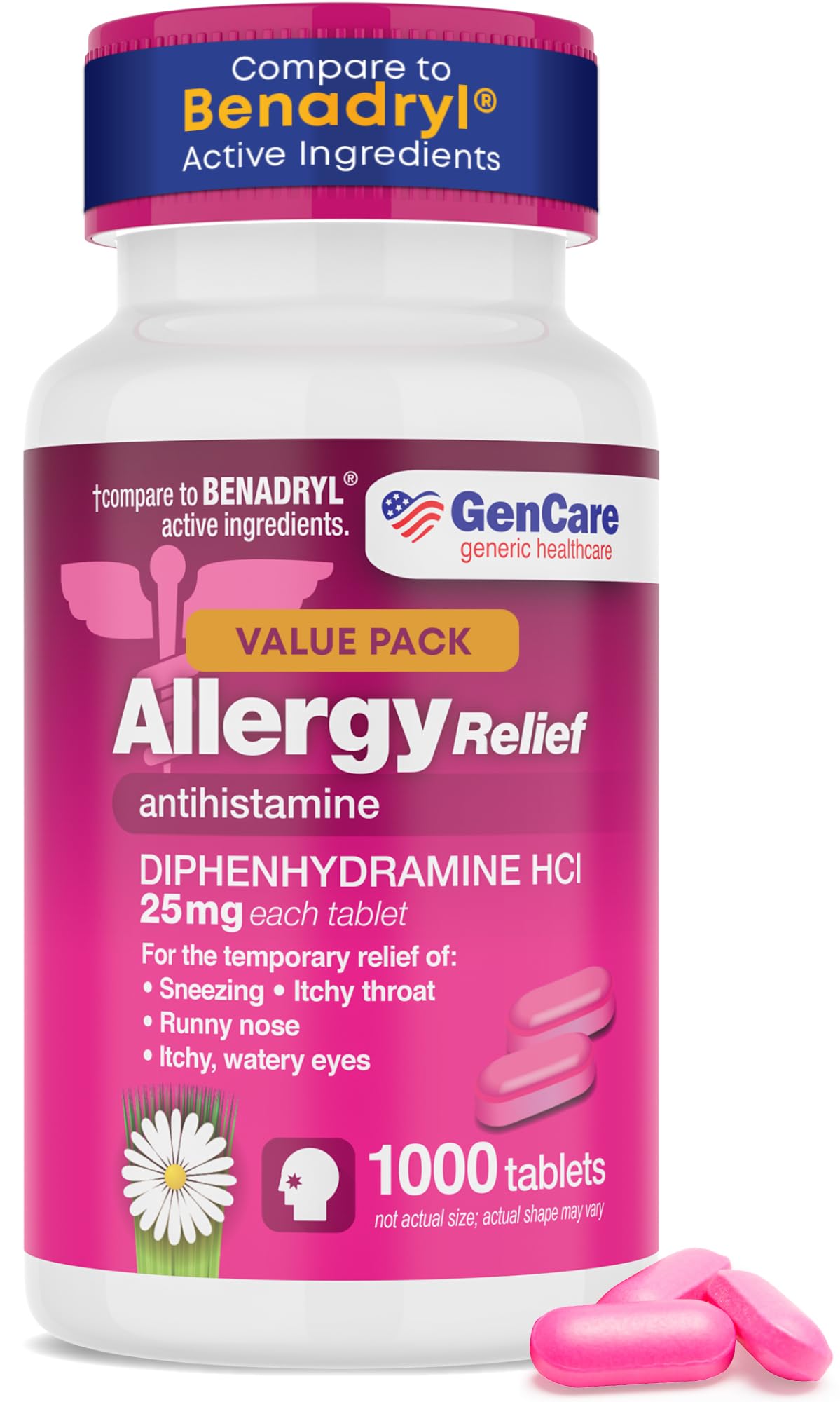 GenCare Allergie 1000 comprimés dans une bouteille rose pour un approvisionnement fiable