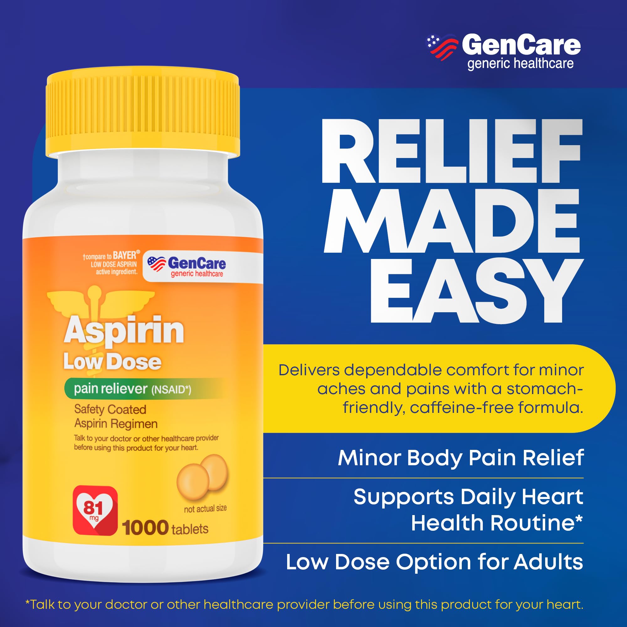 GenCare Aspirine 81mg, boîte 1000 unités, option économique pour le foyer