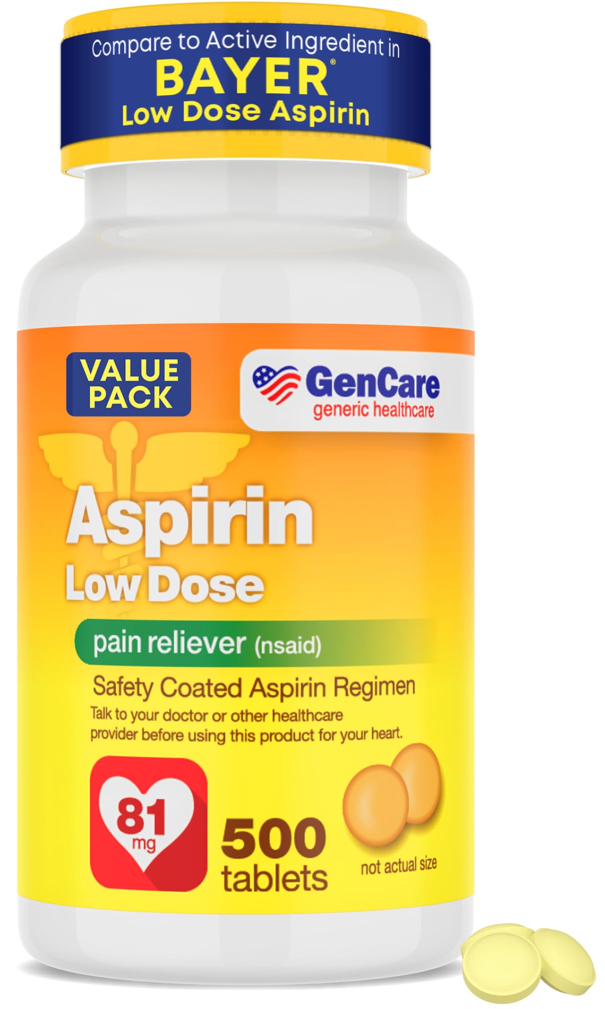 GenCare Aspirine 81 mg, boîte entérique de 500 comprimés, pratique pour le quotidien.