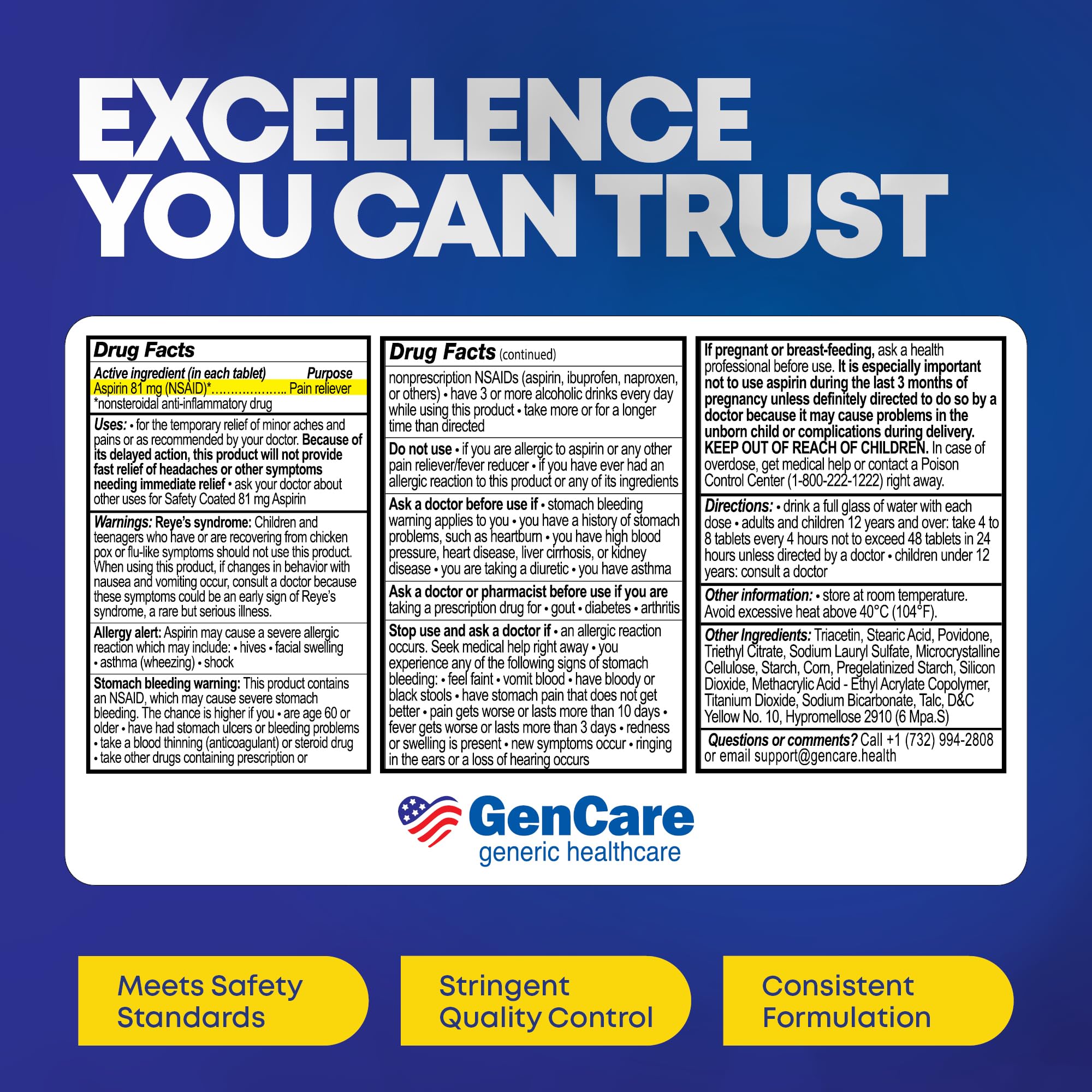 GenCare Aspirine 81 mg, bouteille de 500 tablettes, solution économique.
