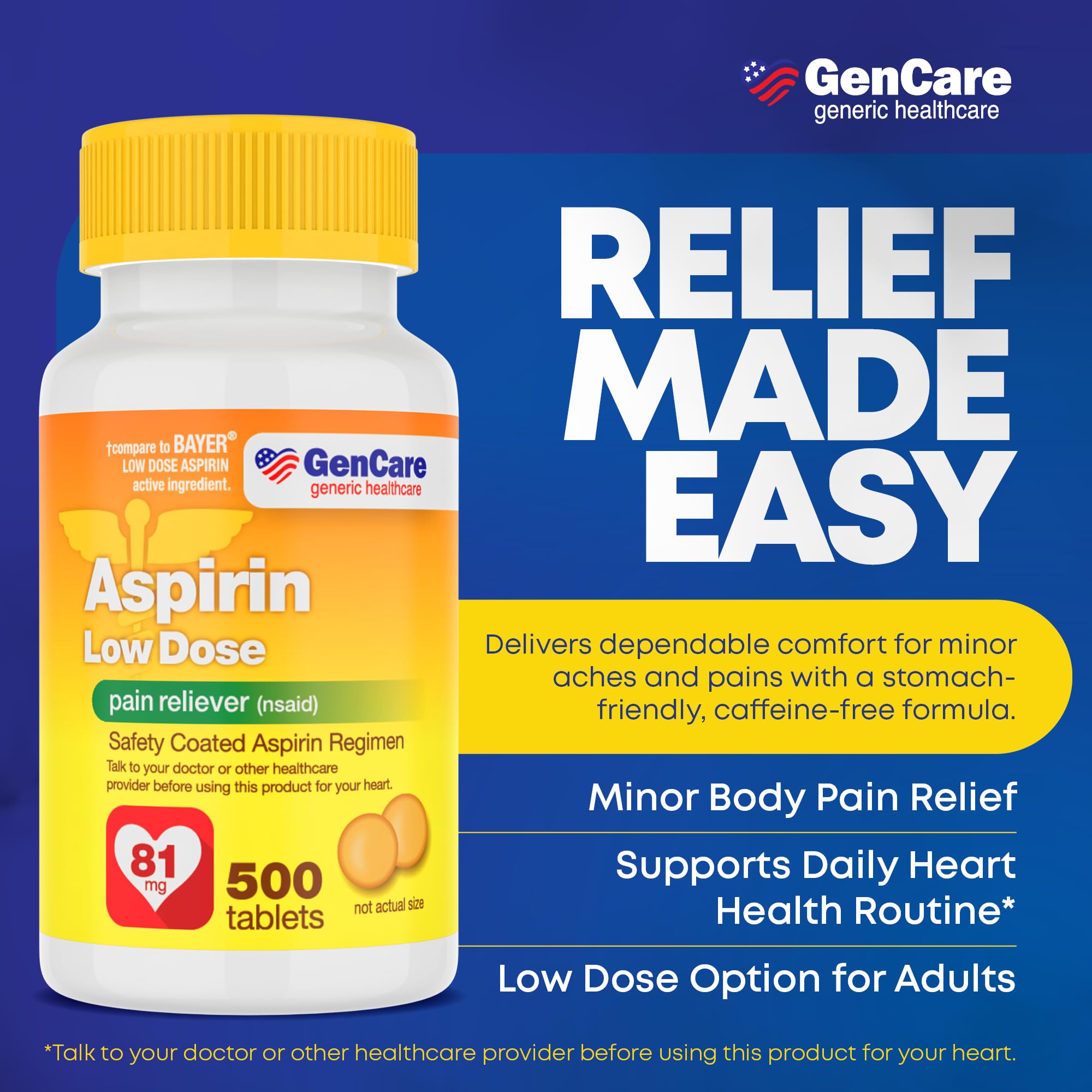 GenCare Aspirine 81 mg, tablette entérique en gros plan, comprimé facile à avaler.