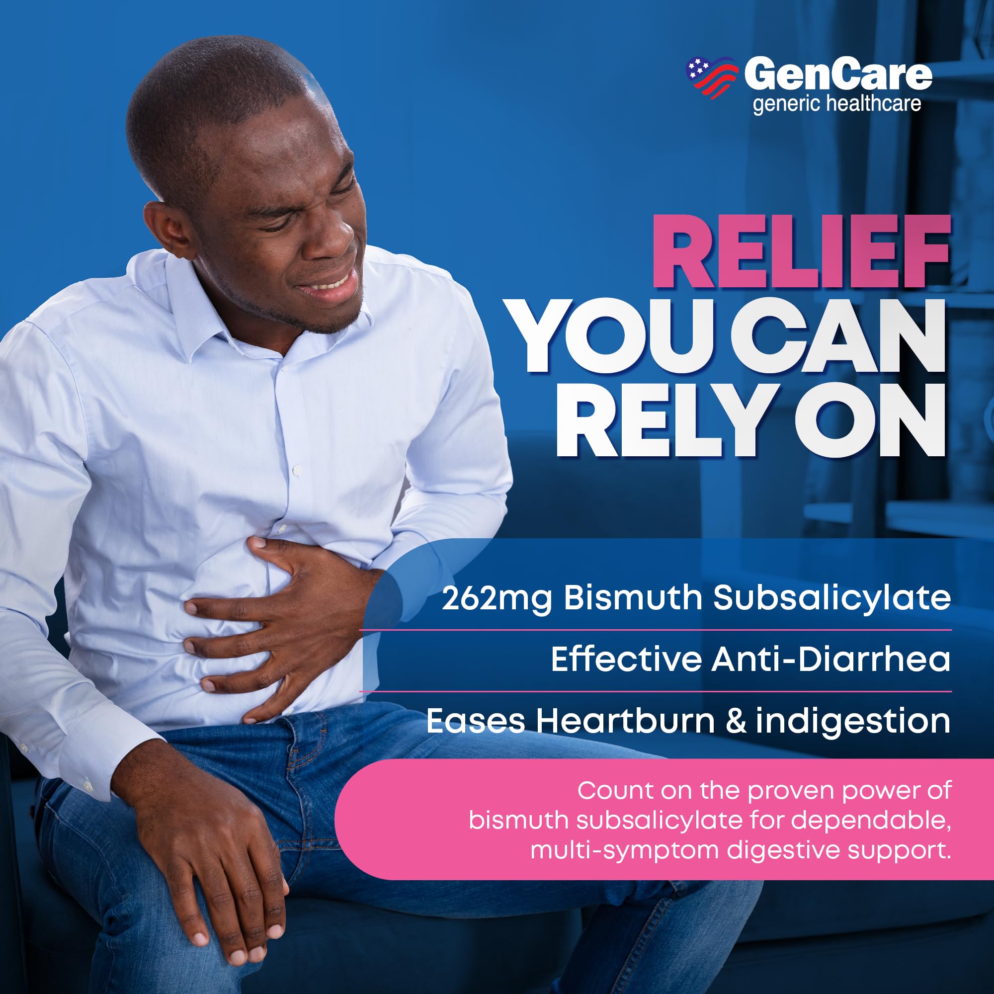 GenCare Bismuth Subsalicylate 262 mg – capsules pour inconfort digestif.