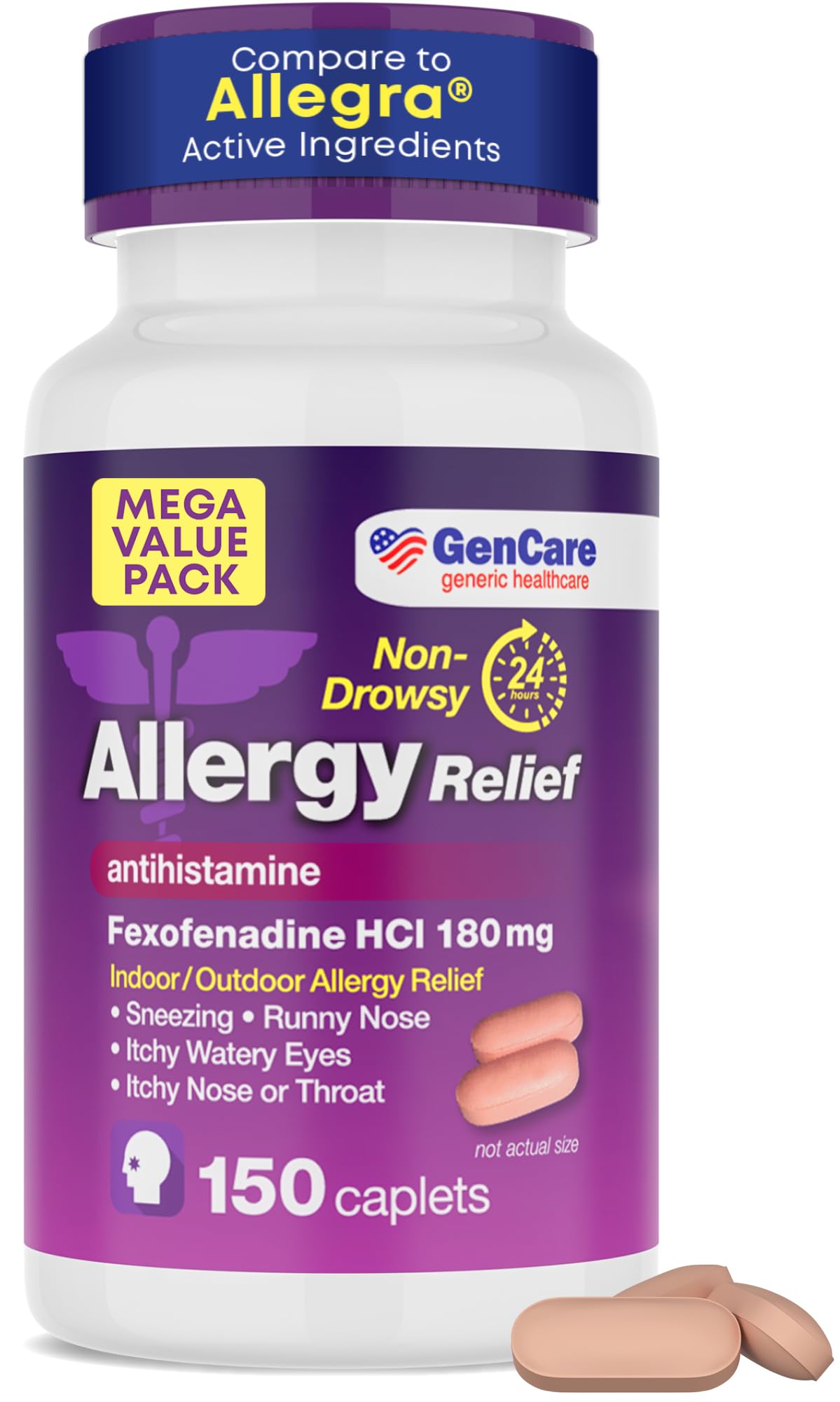 GenCare – bouteille de pilules allergie montrant le format pratique et le dosage quotidien.