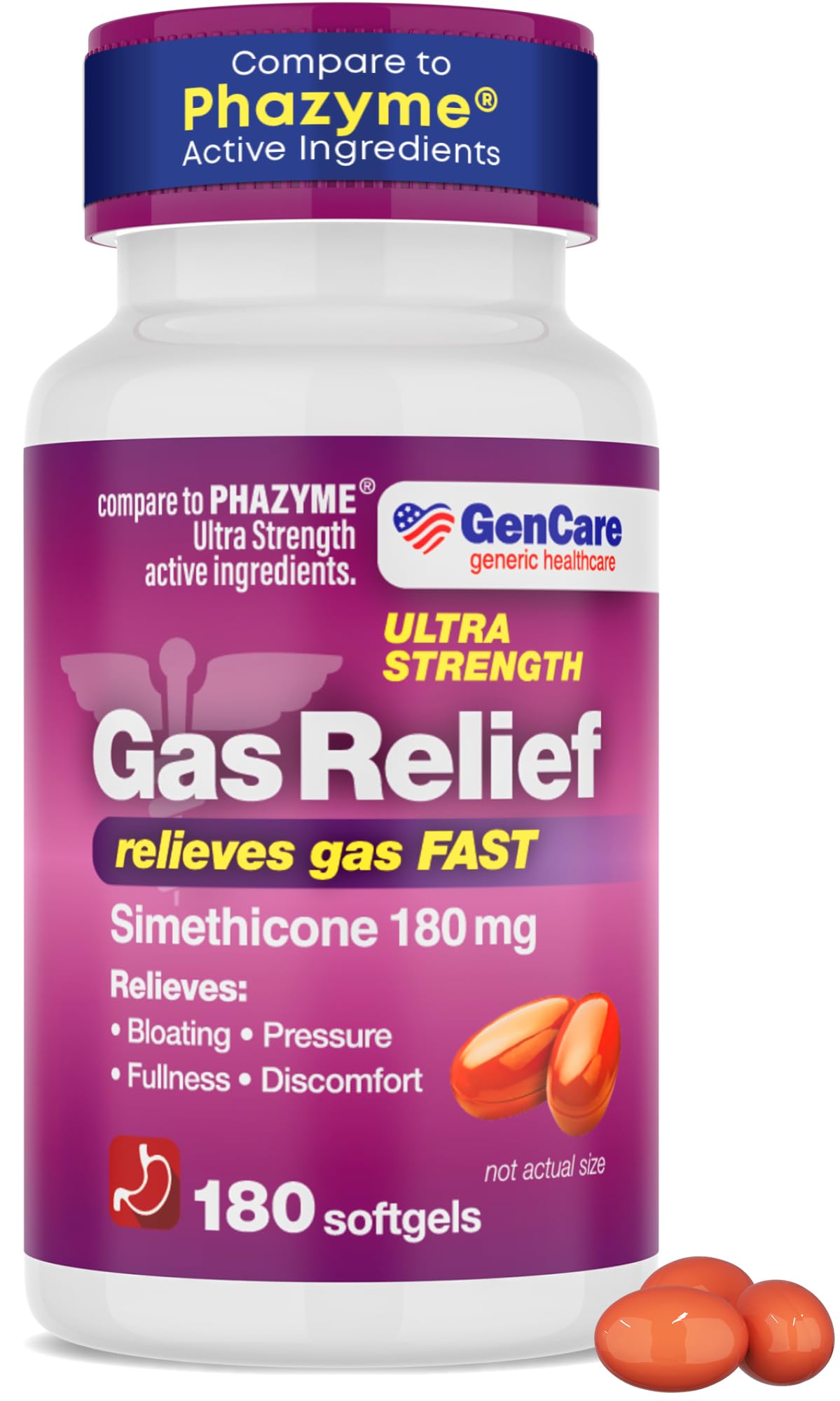 GenCare capsules molles Simethicone 180 mg, soulagement rapide des gaz.