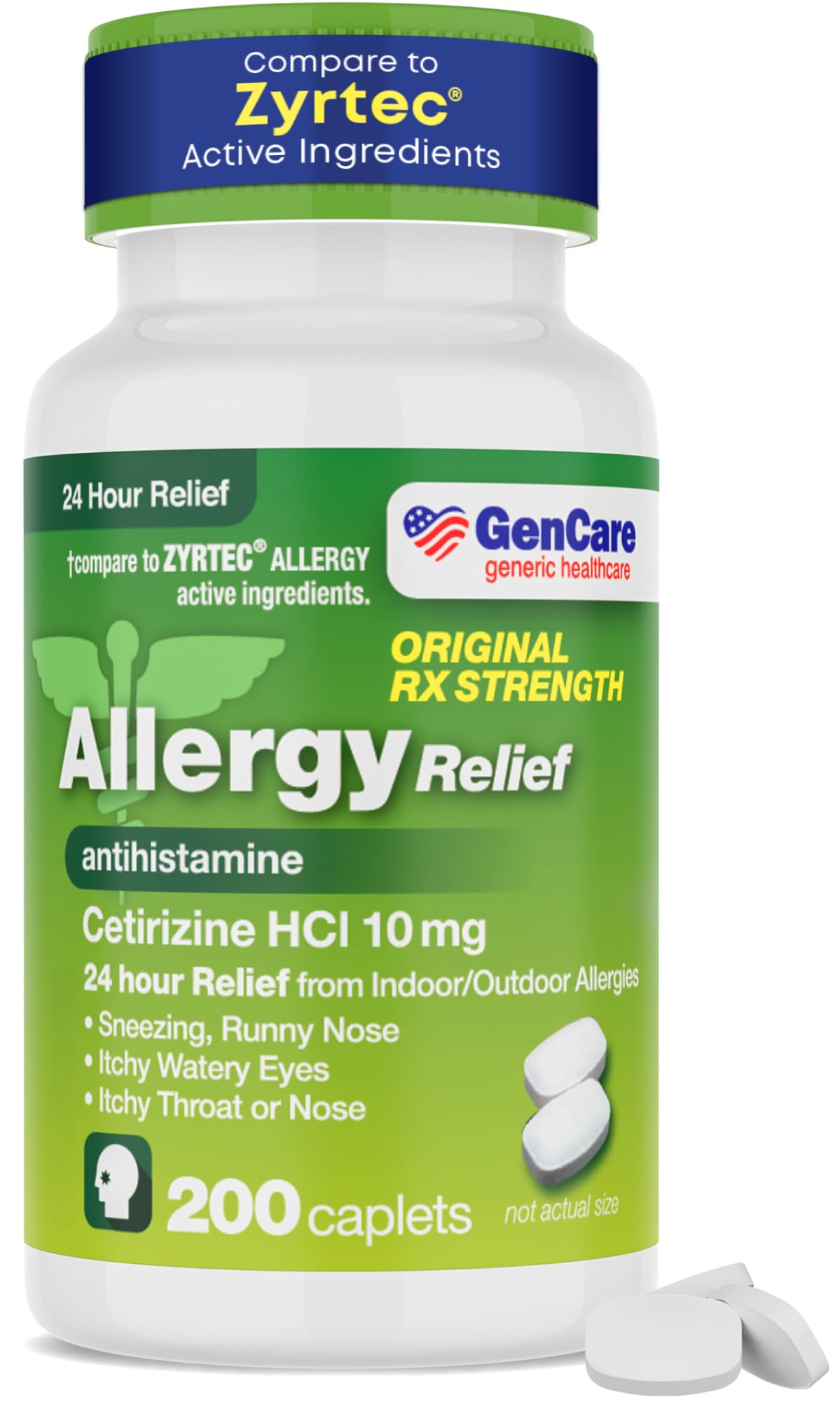 GenCare Cetirizine HCL 10 mg — bouteille de 200 caplets pour un soulagement allergique durable