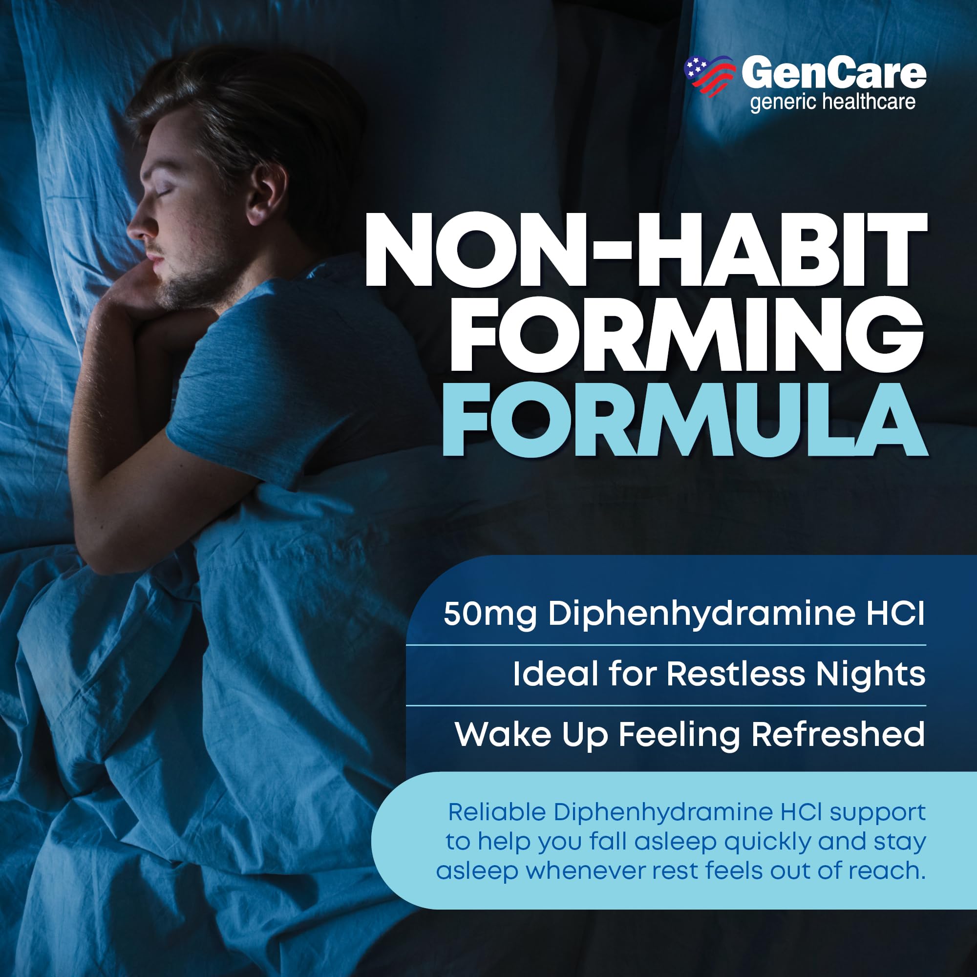 GenCare Diphenhydramine 50 mg : pilule favorisant l’endormissement en soirée.