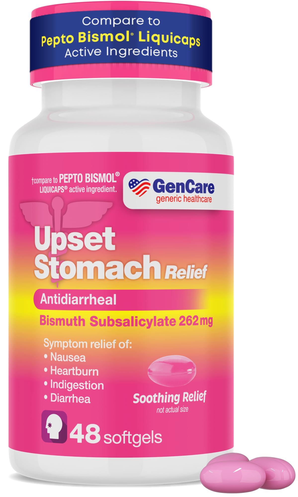 GenCare Upset Stomach Relief – flacon 48 gélules faciles à avaler pour nausée et brûlures d'estomac.
