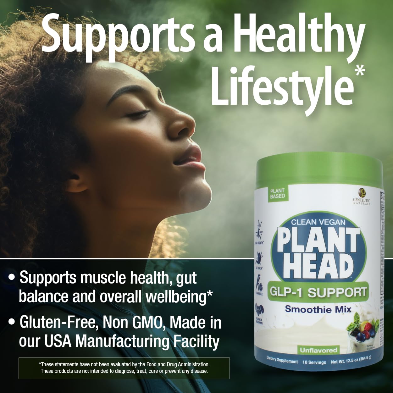 Genceutic Naturals Plant Head GLP-1, gros plan sur champignons et enzymes digestives.
