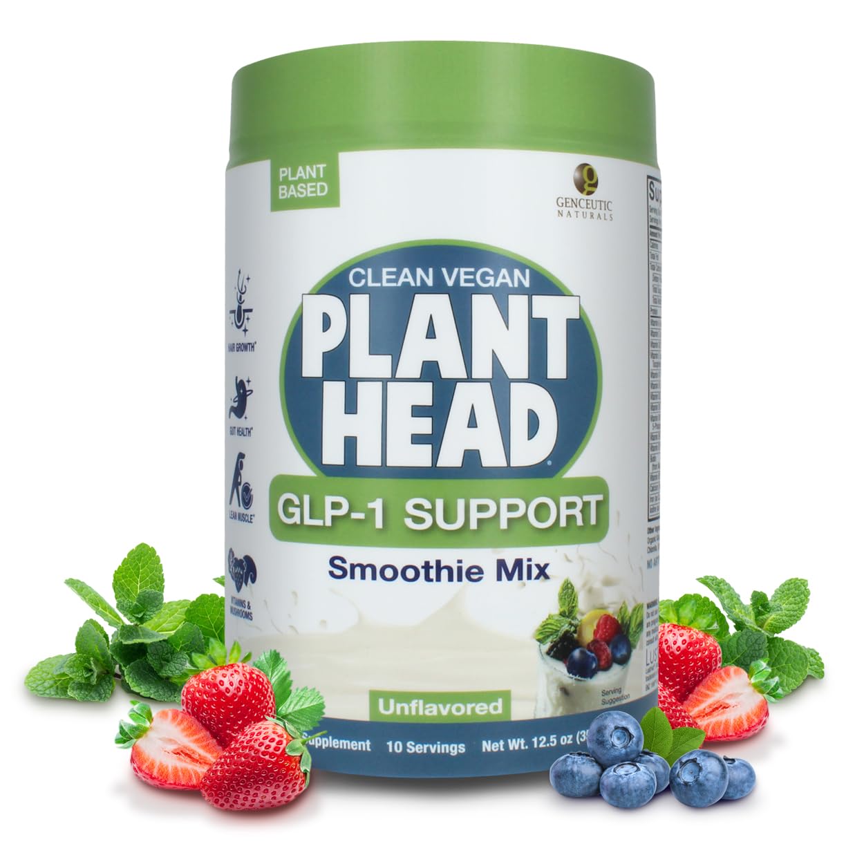 Genceutic Naturals Plant Head GLP-1, poudre incolore prête à mélanger dans le smoothie.