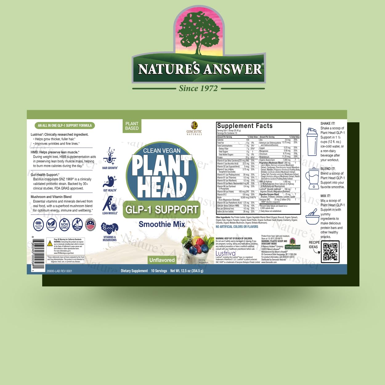 Genceutic Naturals Plant Head GLP-1, verre de préparation smoothie prêt à savourer.