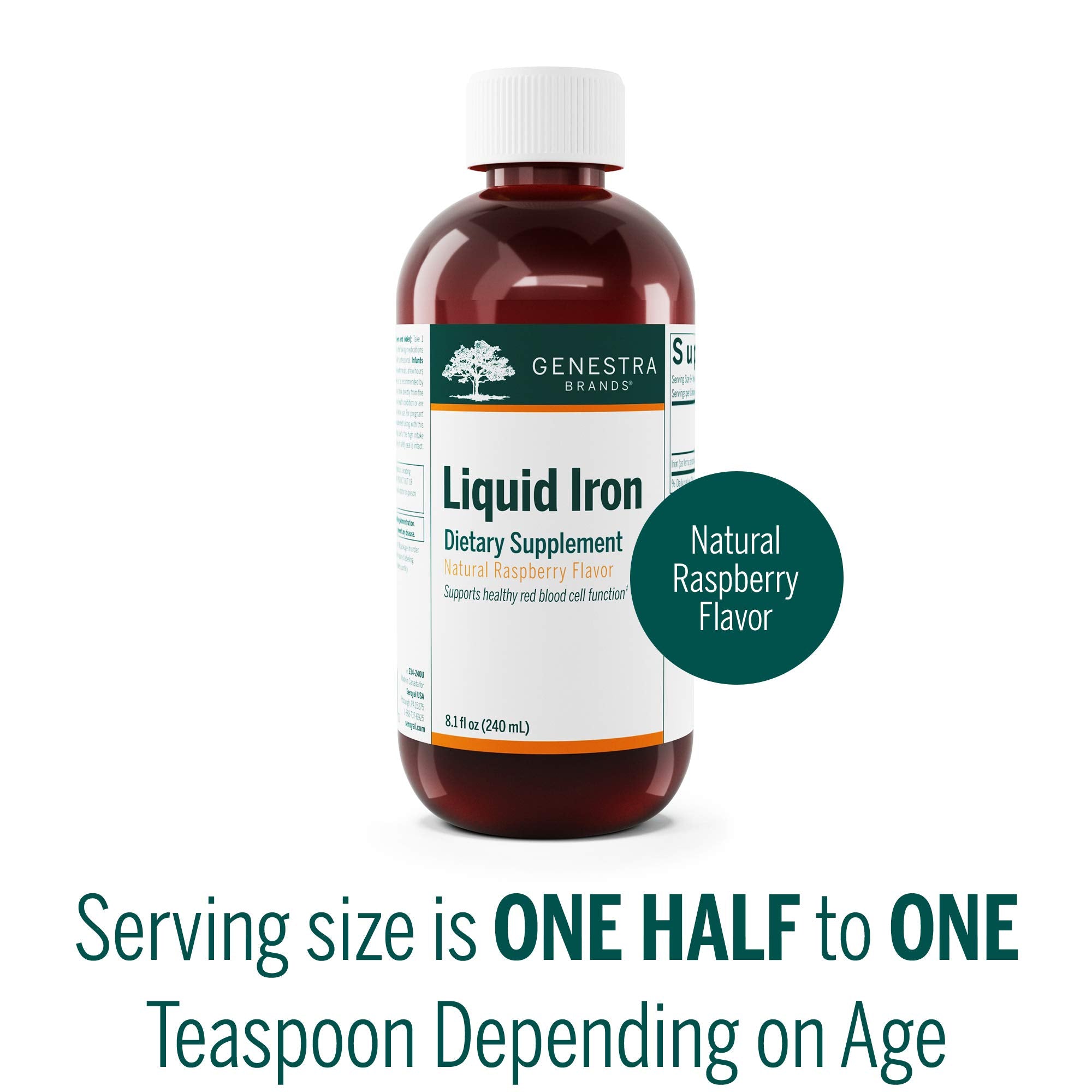 Genestra Brands Liquid Iron, goût framboise naturel, peut soutenir l'apport quotidien.