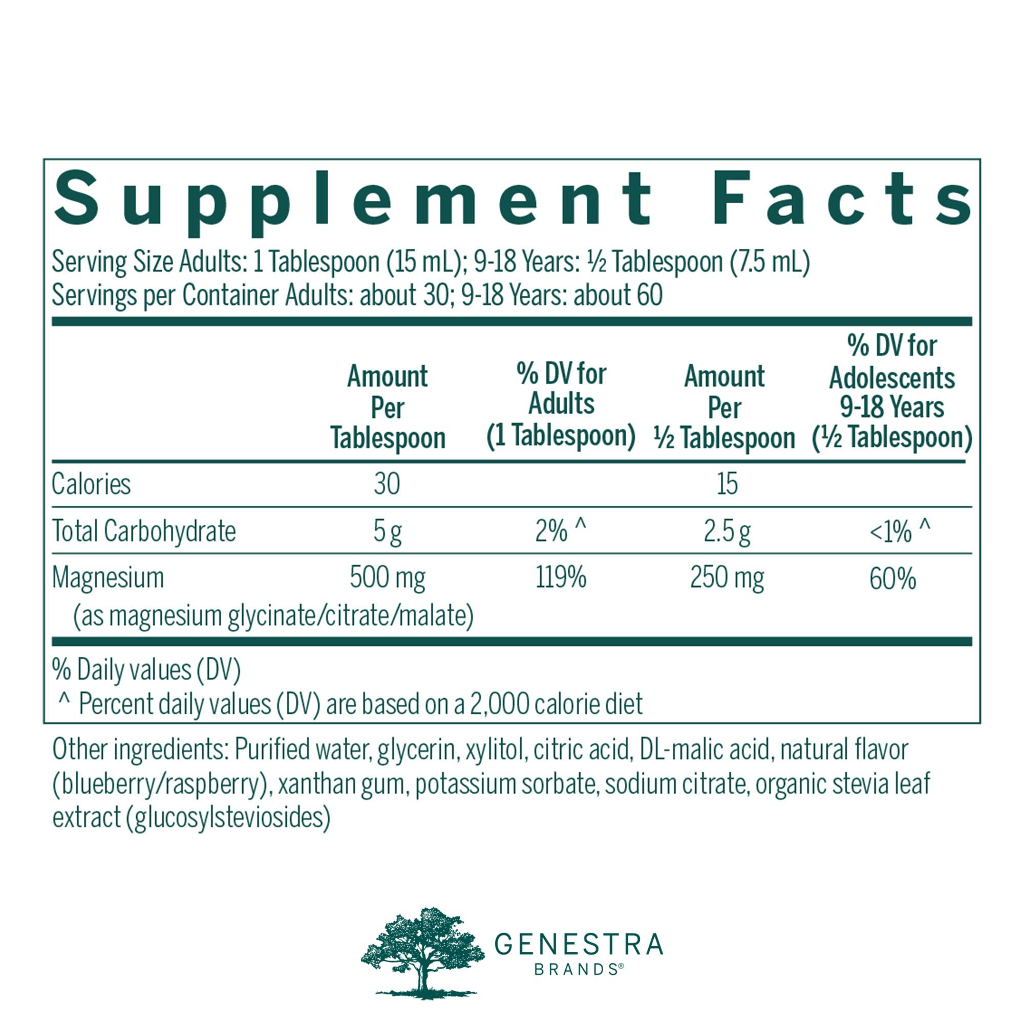 Genestra Brands Magnésium Complex Liquide, bouteille arrière, informations claires pour le dosage.